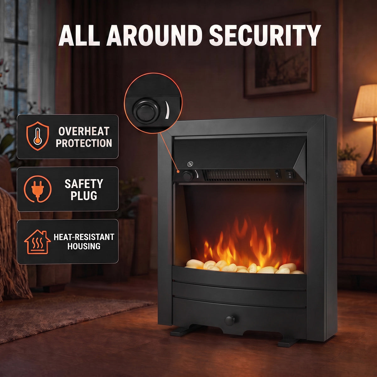Black electric fireplace stove with flame window and front control dial, safety features shown