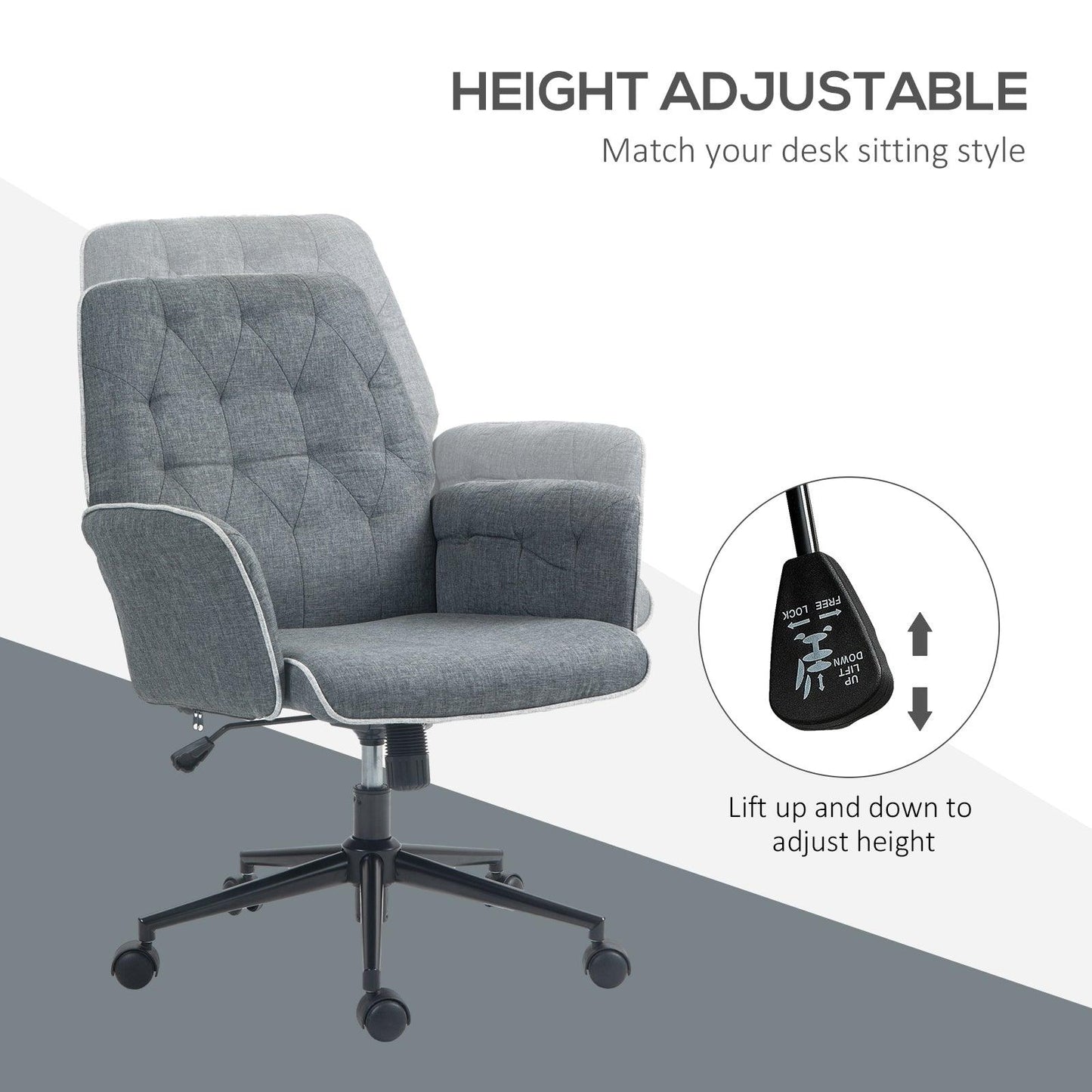 HOMCOM Linen Computer Chair with Armrest, Modern Swivel Chair with Adjustable Height, Dark Grey - ALL4U RETAILER LTD