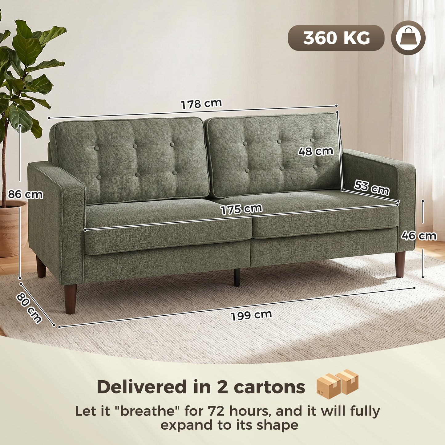 HOMCOM 3 Seater Sofa Button Tufted Velvet Couch With Wood Legs For Living Room Green
