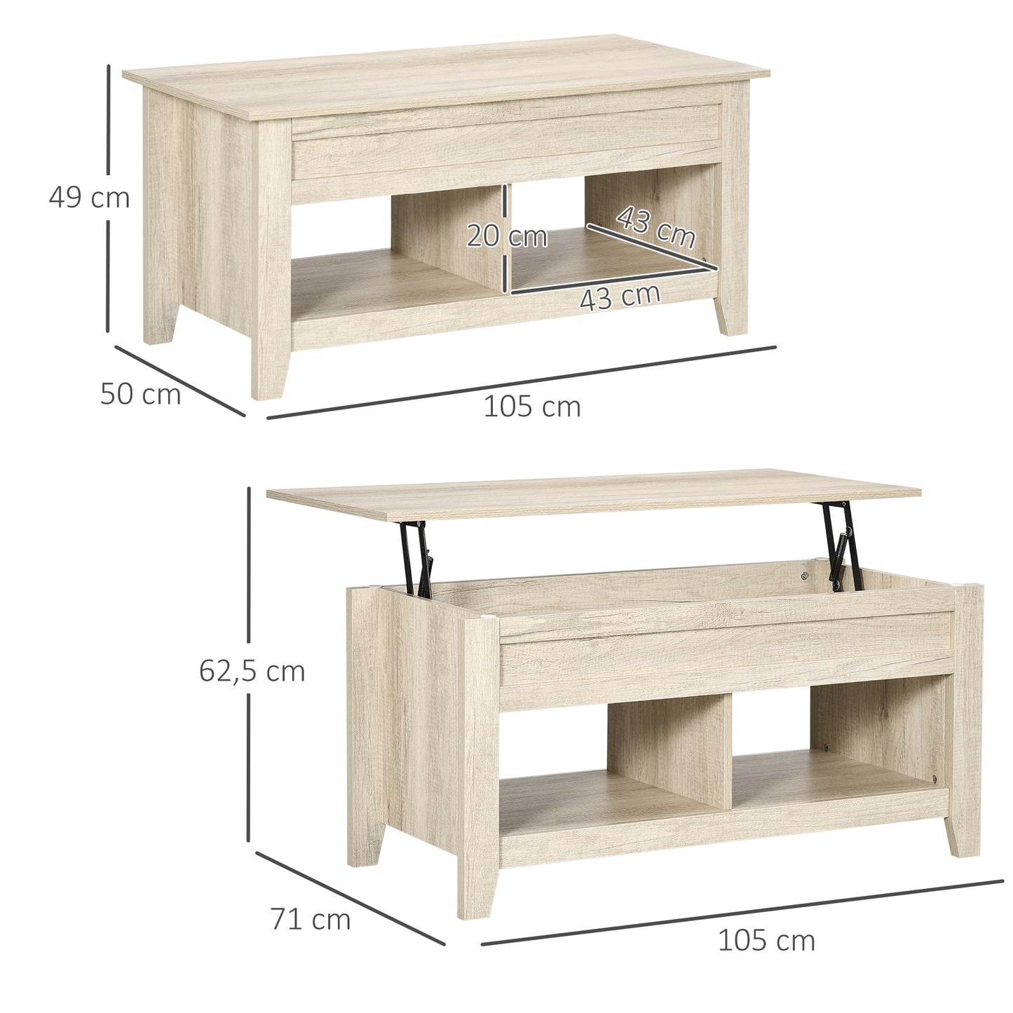 HOMCOM Rising Top Coffee Table with Concealed Storage and Open Shelves for Living Room in Oak Finish - ALL4U RETAILER LTD