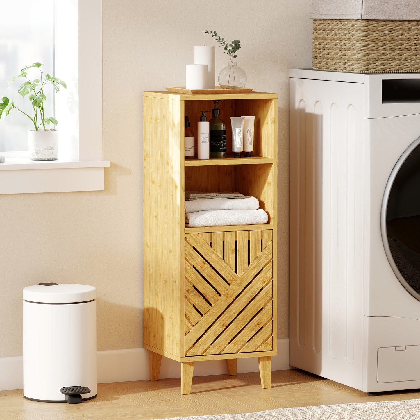 HOMCOM Slim Bathroom Cabinet With Bamboo Door And Legs Freestanding Storage Cupboard Compartments Natural Wood Finish