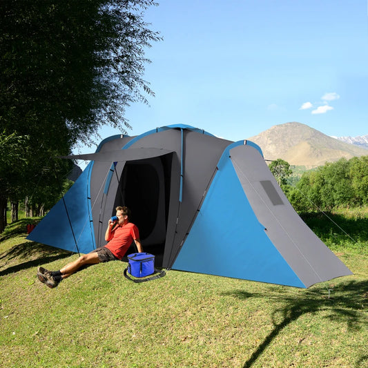 Outsunny Large Camping Tunnel Tent with 2 Bedrooms and Living Area - 2000mm Waterproof, Portable Design with Bag for 4-6 People - Blue Family Tent for Outdoor Adventures