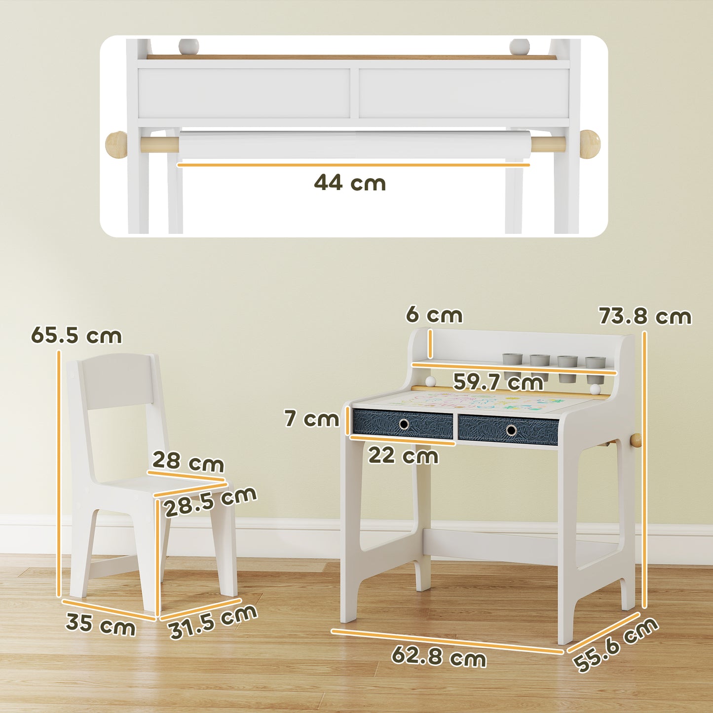 AIYAPLAY Kids Art Table and Chair Set with Storage Shelf and Drawers and Cupholders