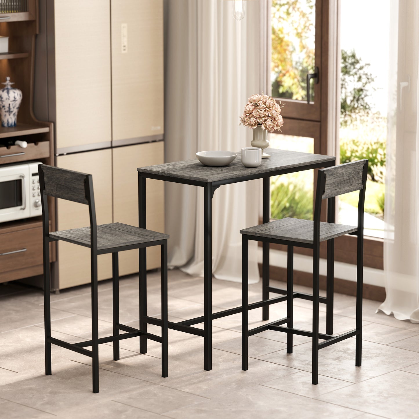 HOMCOM 3 Piece Bar Table Set With 2 Stools Industrial Breakfast Bar Set With Footrests And Backrests For Dining Room