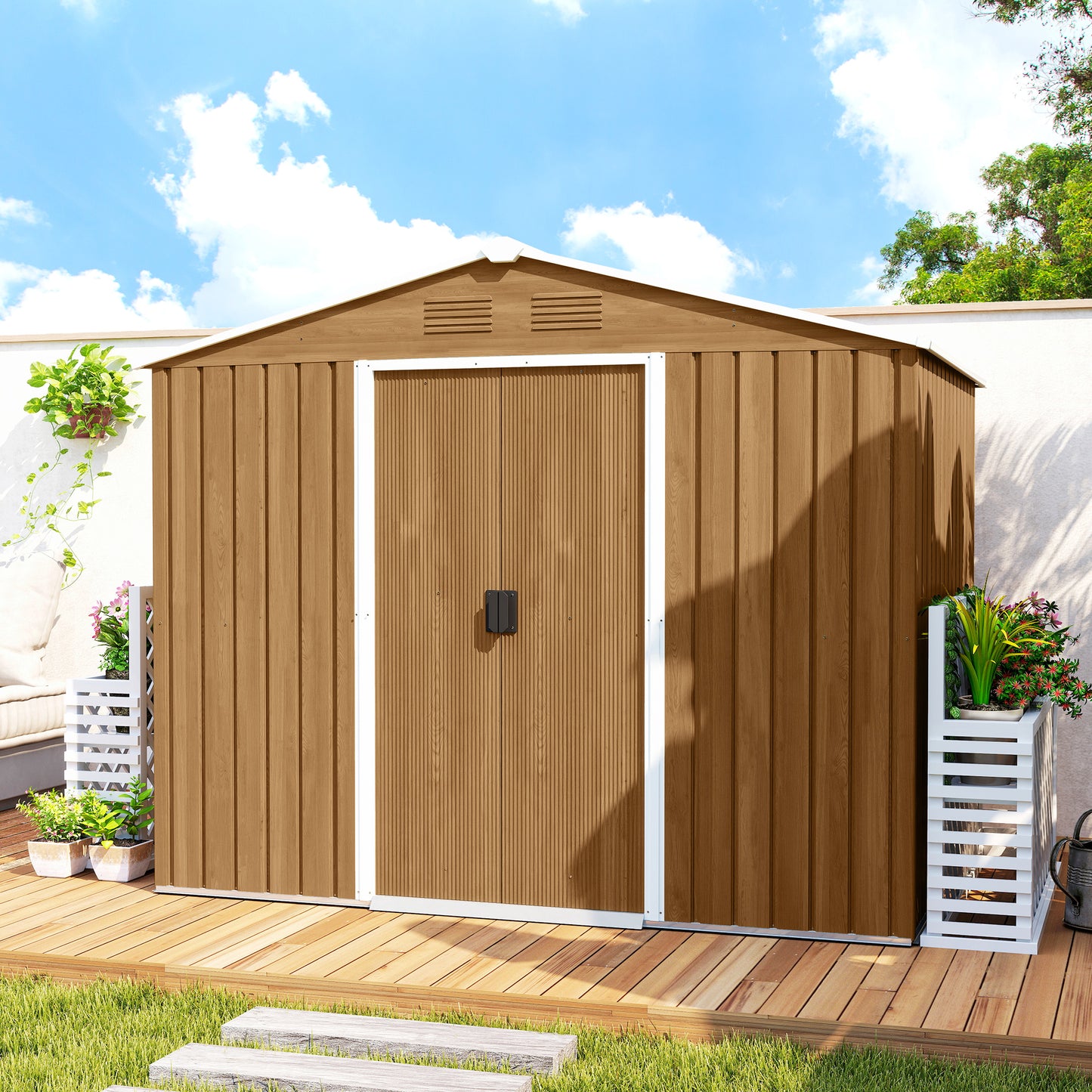 Outsunny 8x6ft Galvanised Steel Shed With Double Doors Brown Garden Tool Storage Weatherproof