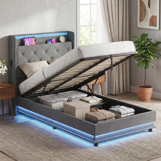 HOMCOM 3ft Single Bed Frame With Headboard And Hydraulic Storage RGB LED Lights And Charging Station Grey
