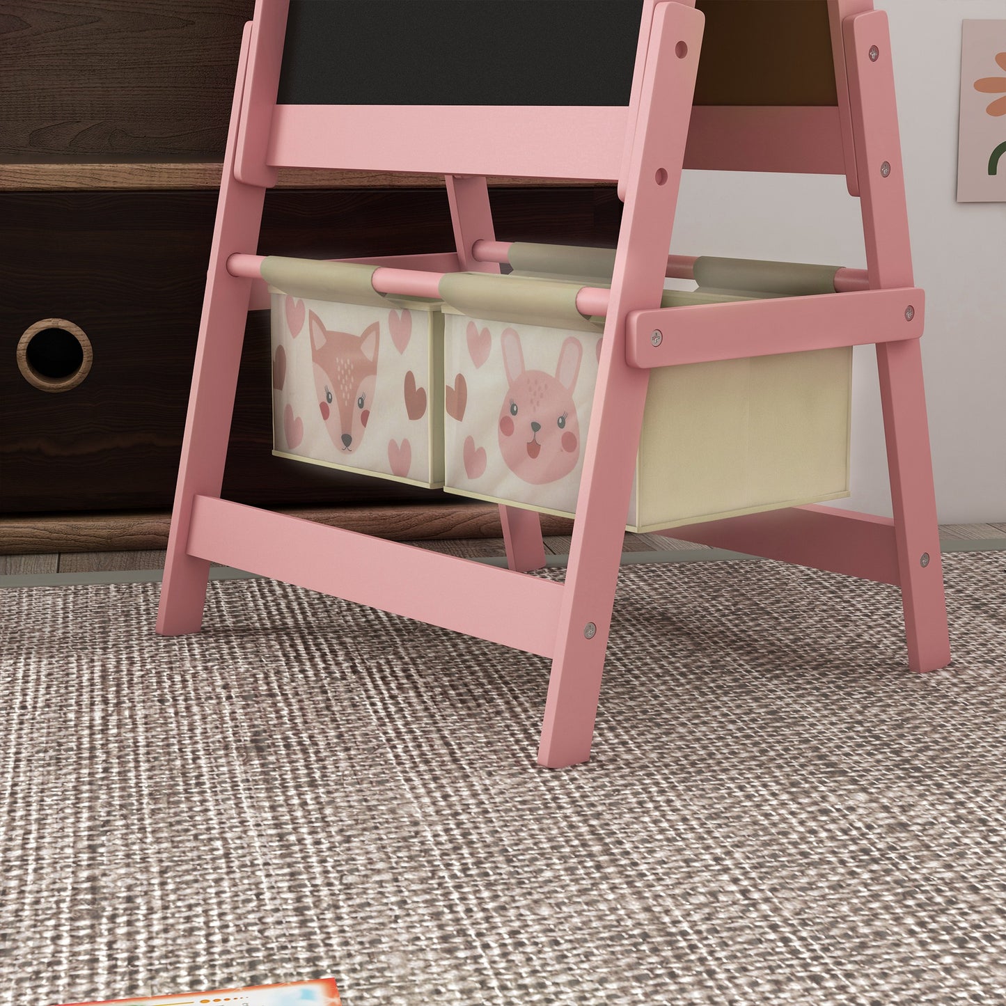 AIYAPLAY Three In One Kids Easel With Paper Roll And Storage Pink Educational Art Station