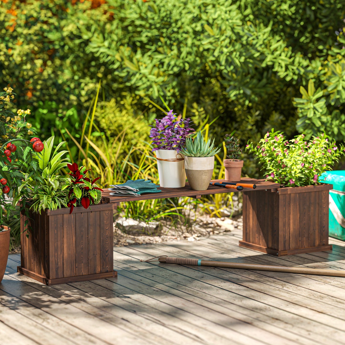Outsunny Wooden Garden Planter And Bench Combination With Raised Bed For Patio Carbonised Finish 176 By 38 By 40 Cm