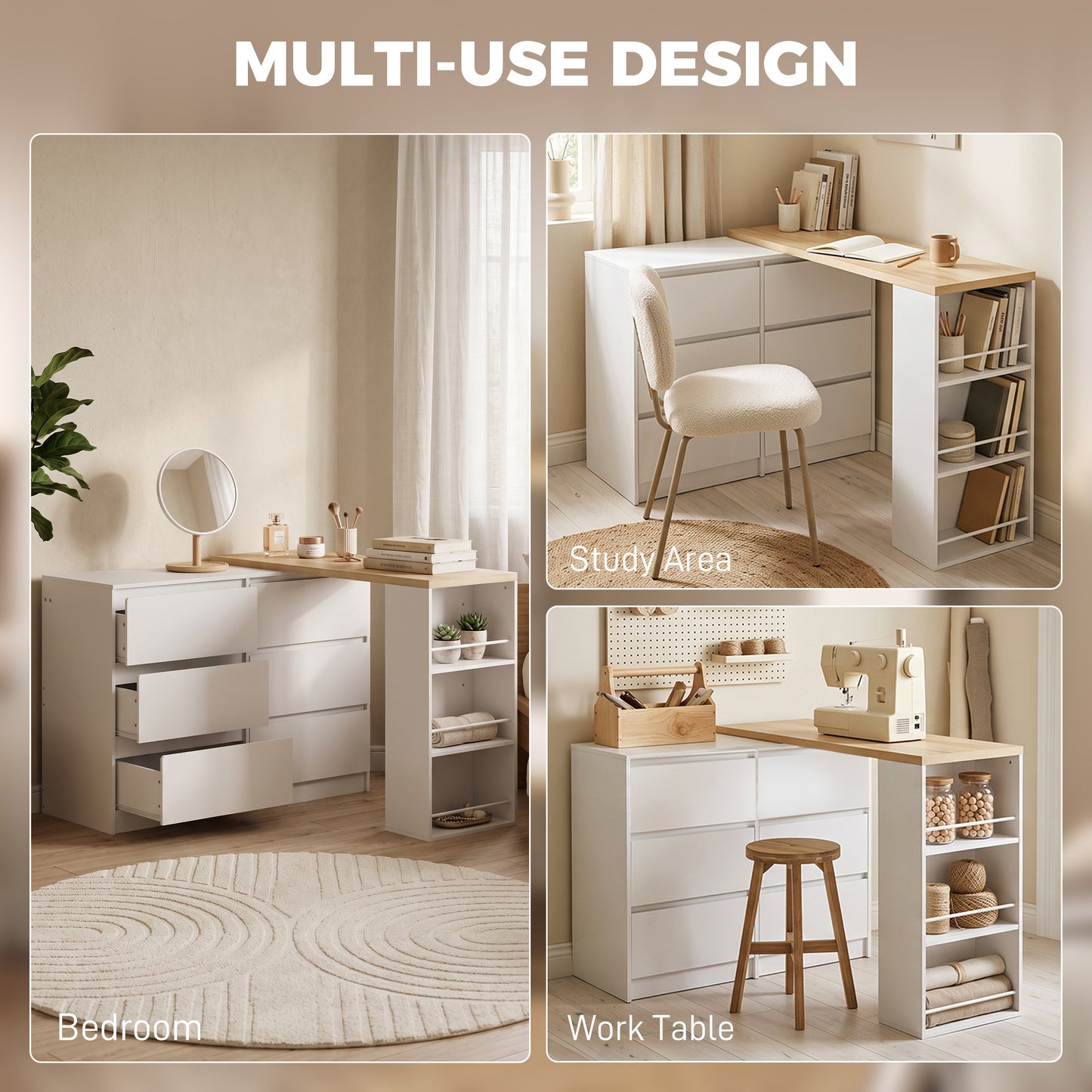 HOMCOM Vanity Table with 6 Drawers and 3 Tier Shelf White Convertible Dressing Table for Corner or Open Wall