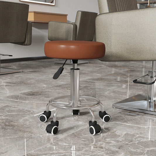 Vinsetto Brown PU Leather Salon Stool with Wheels, Height Adjustable Rolling Chair for Spa and Massage - ALL4U RETAILER LTD