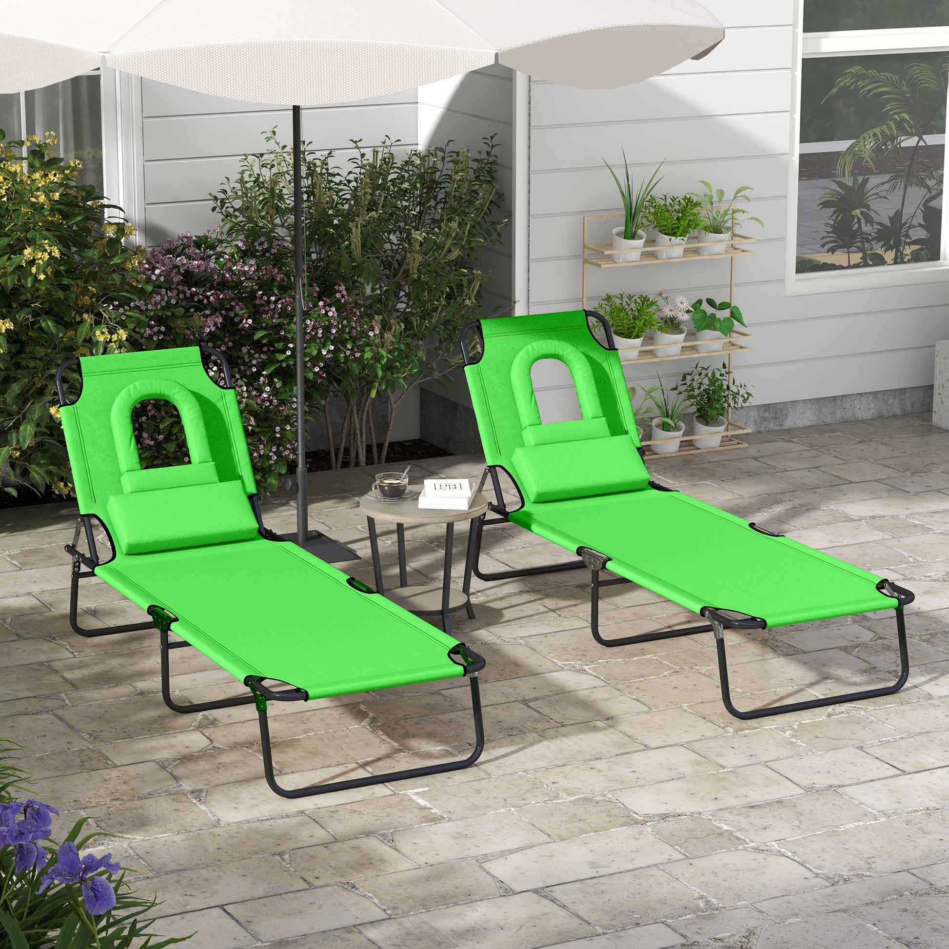 Outsunny Adjustable Folding Sun Lounger Set with Comfort Pillow & Reading Slot, Vibrant Green - ALL4U RETAILER LTD