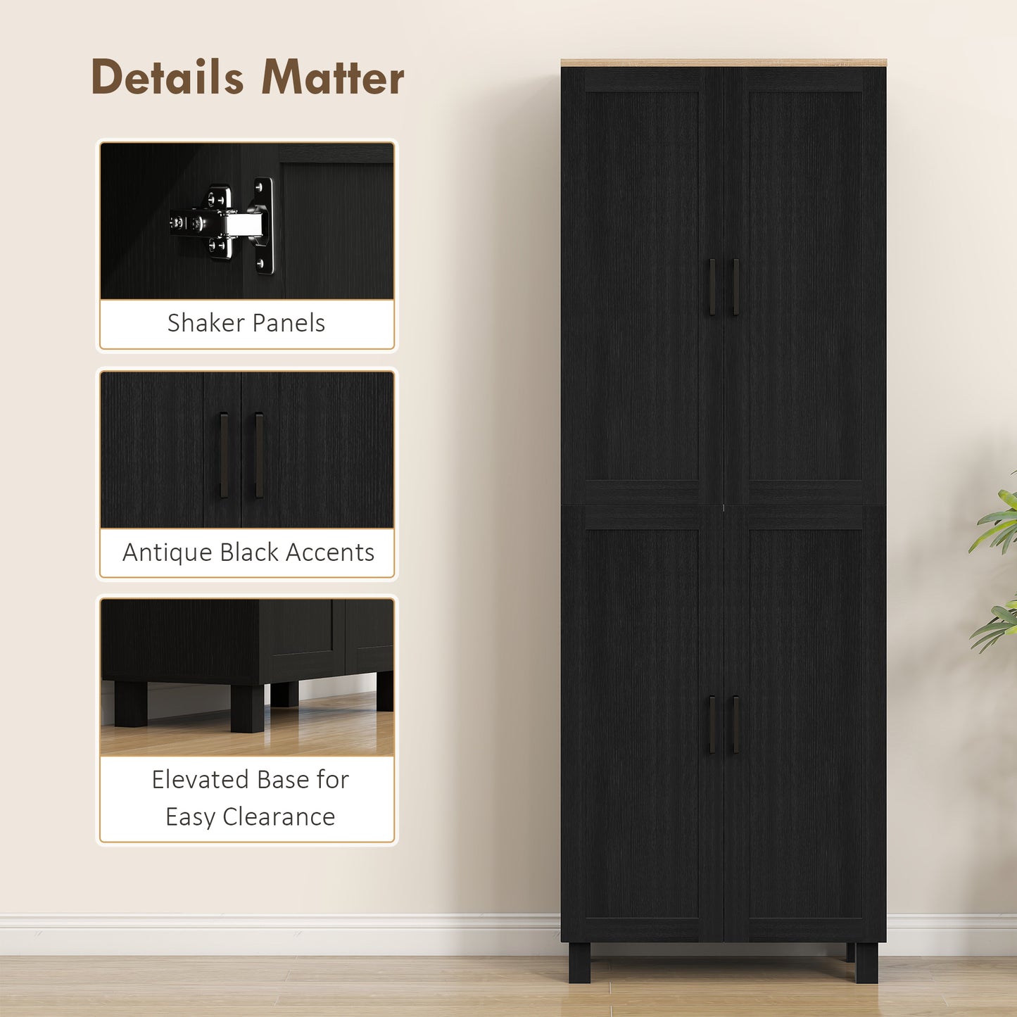 HOMCOM Freestanding 4-Door Kitchen Cupboard With Adjustable Shelves Tall Storage Cabinet 170cm Black