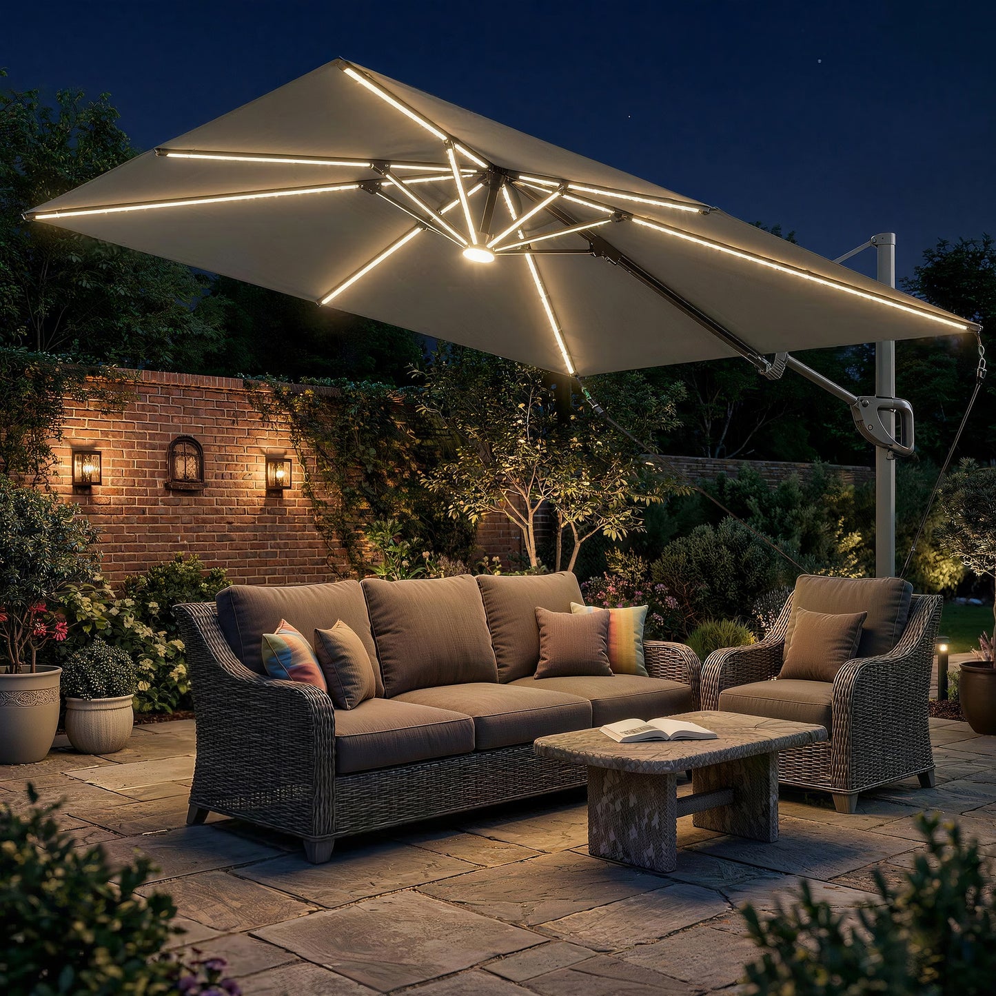 Outsunny 3x3m Garden Cantilever Parasol With Light And Cover UPF50 Plus Wind Protection 360 Degree Rotation Dark Grey