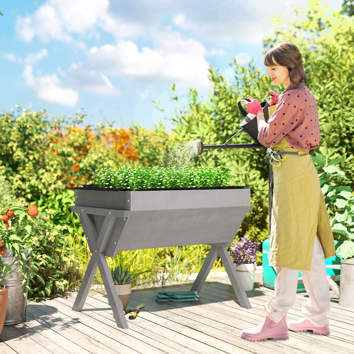Outsunny Wooden Raised Garden Bed With Liner Bag And Legs Light Grey 29 X 91 Cm