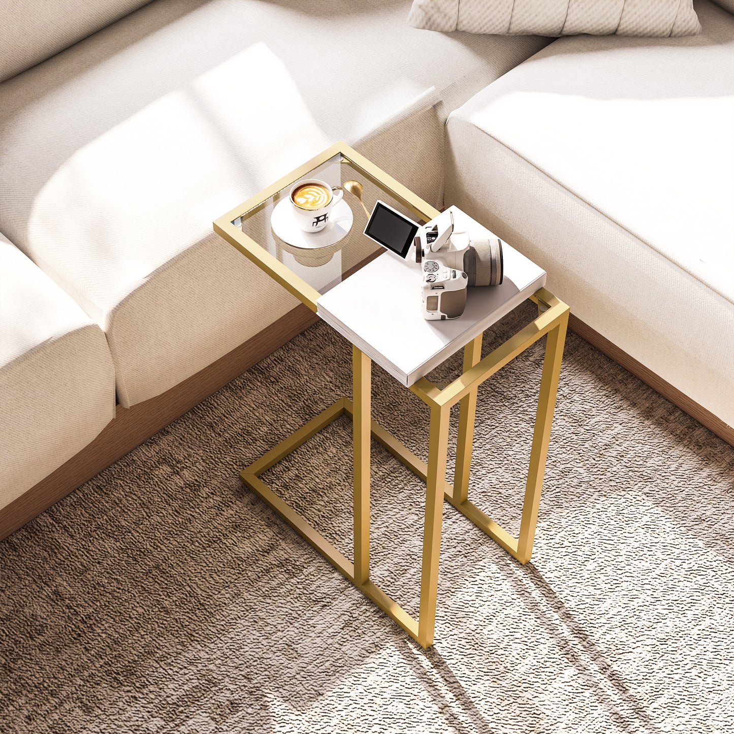 HOMCOM C Shaped Side Table With Tempered Glass Top Slim Gold Tone End Table For Small Spaces