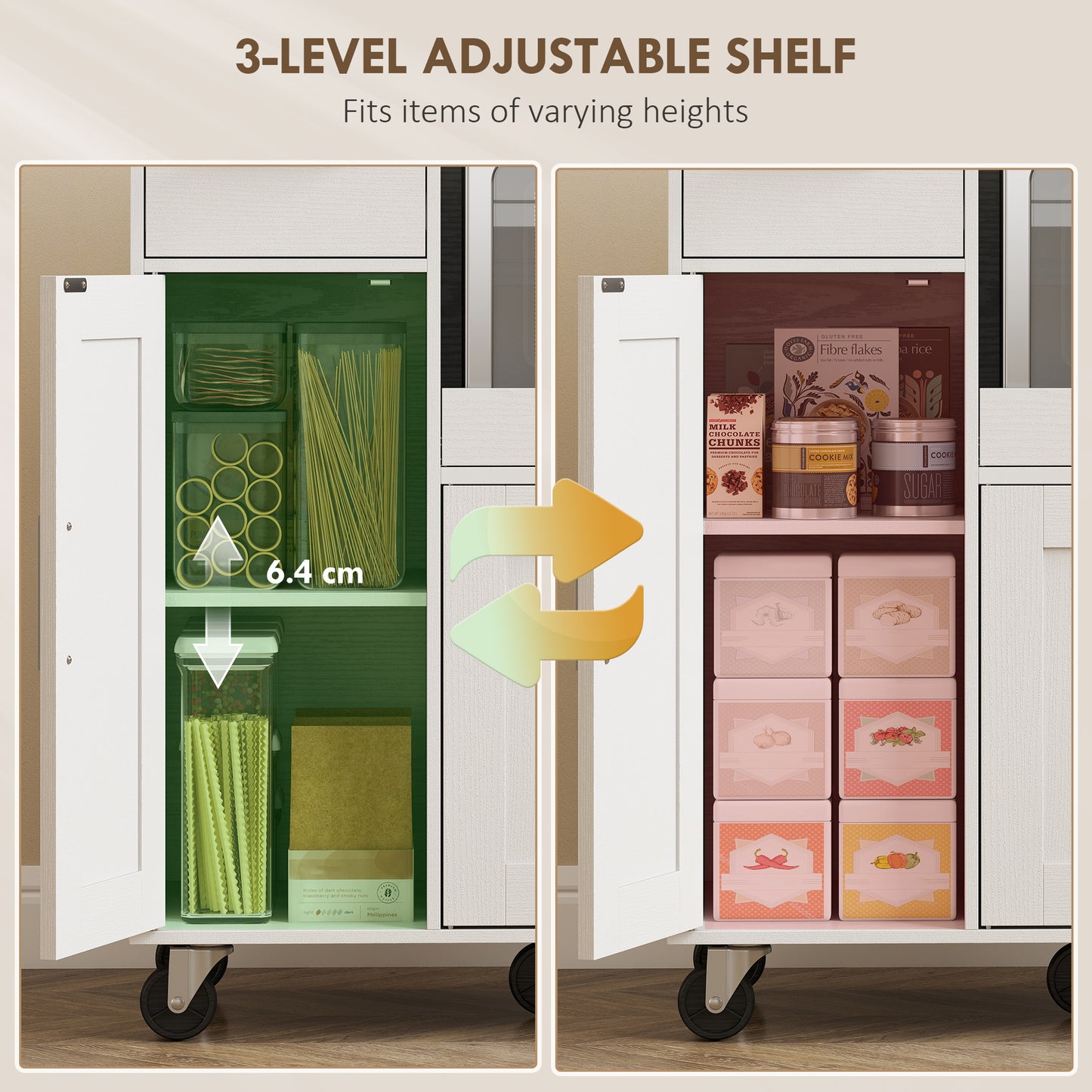 HOMCOM Rolling Kitchen Cart Microwave Cabinet With Sliding Tray Drawer And Three Door Cupboards White