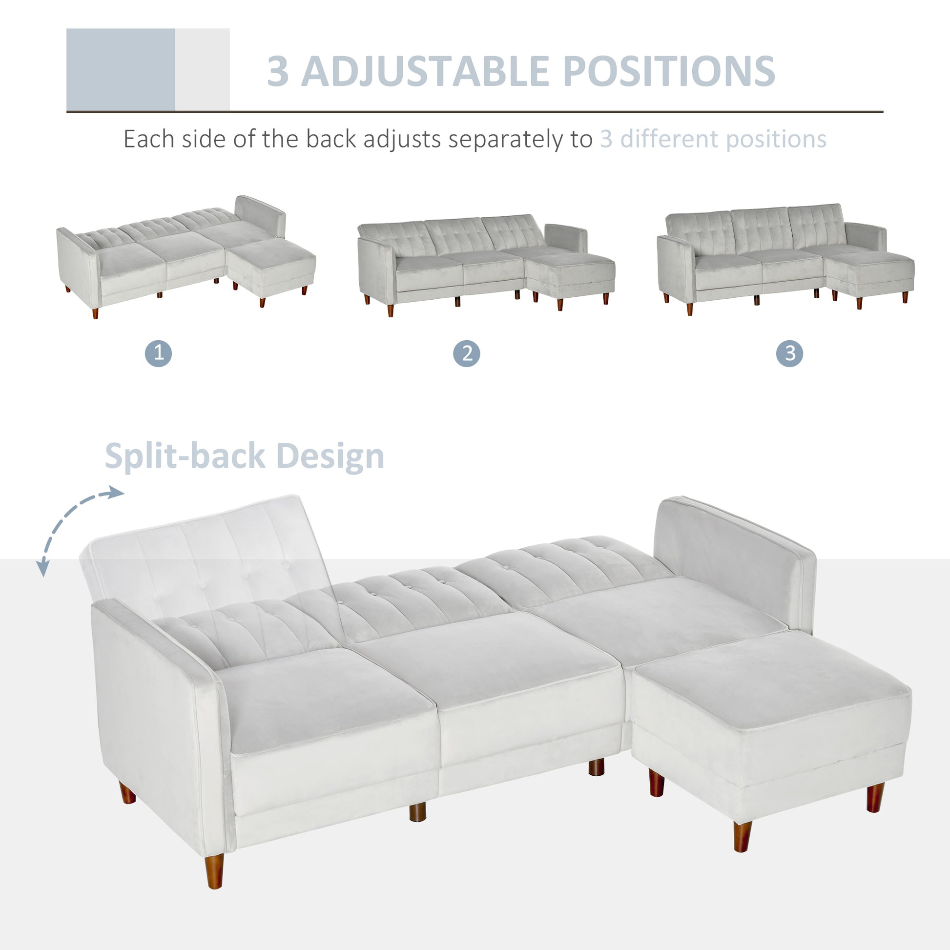 HOMCOM Reversible Velvet-Touch 3-Seater Corner Sofa Bed with Footstool - Light Grey - ALL4U RETAILER LTD