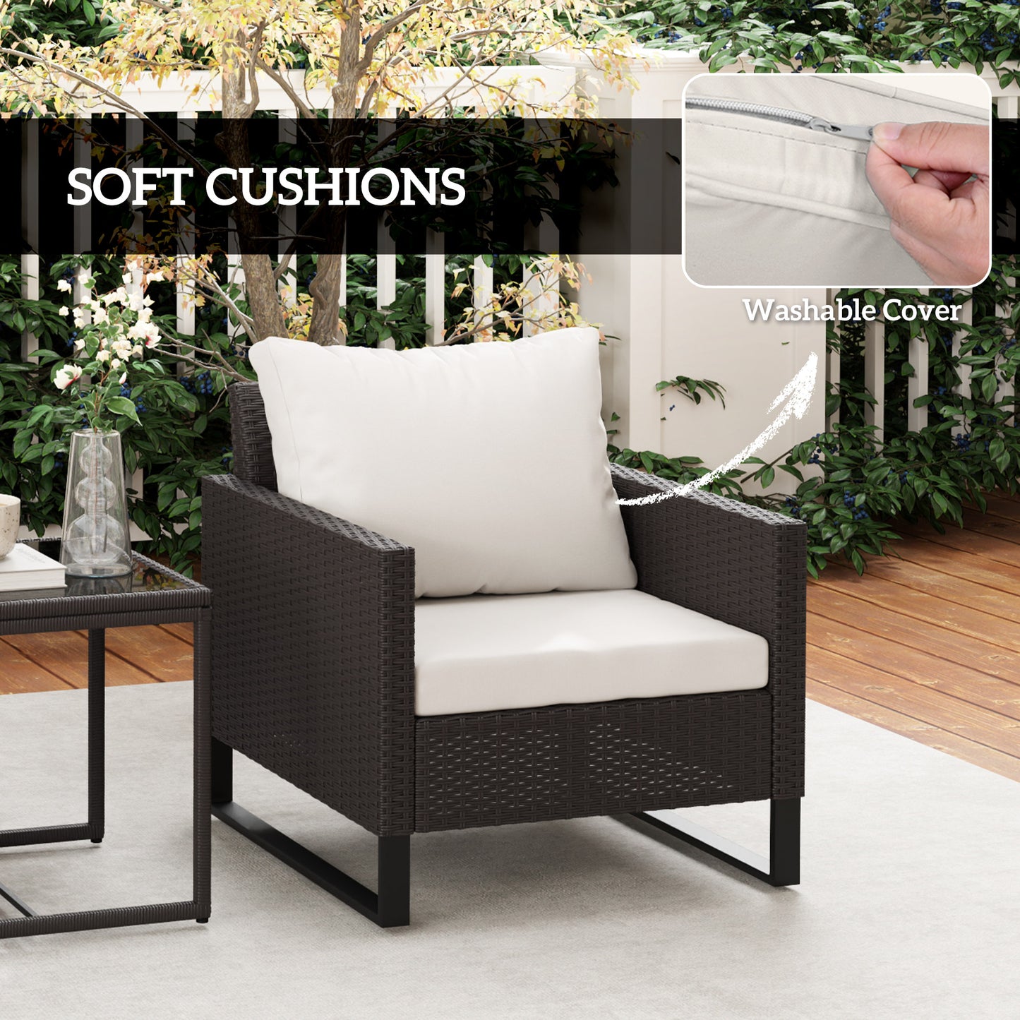 Outsunny 3 Piece Rattan Bistro Set With Glass Top Table And 4 Cushions For Outdoor Patio Balcony Garden Brown