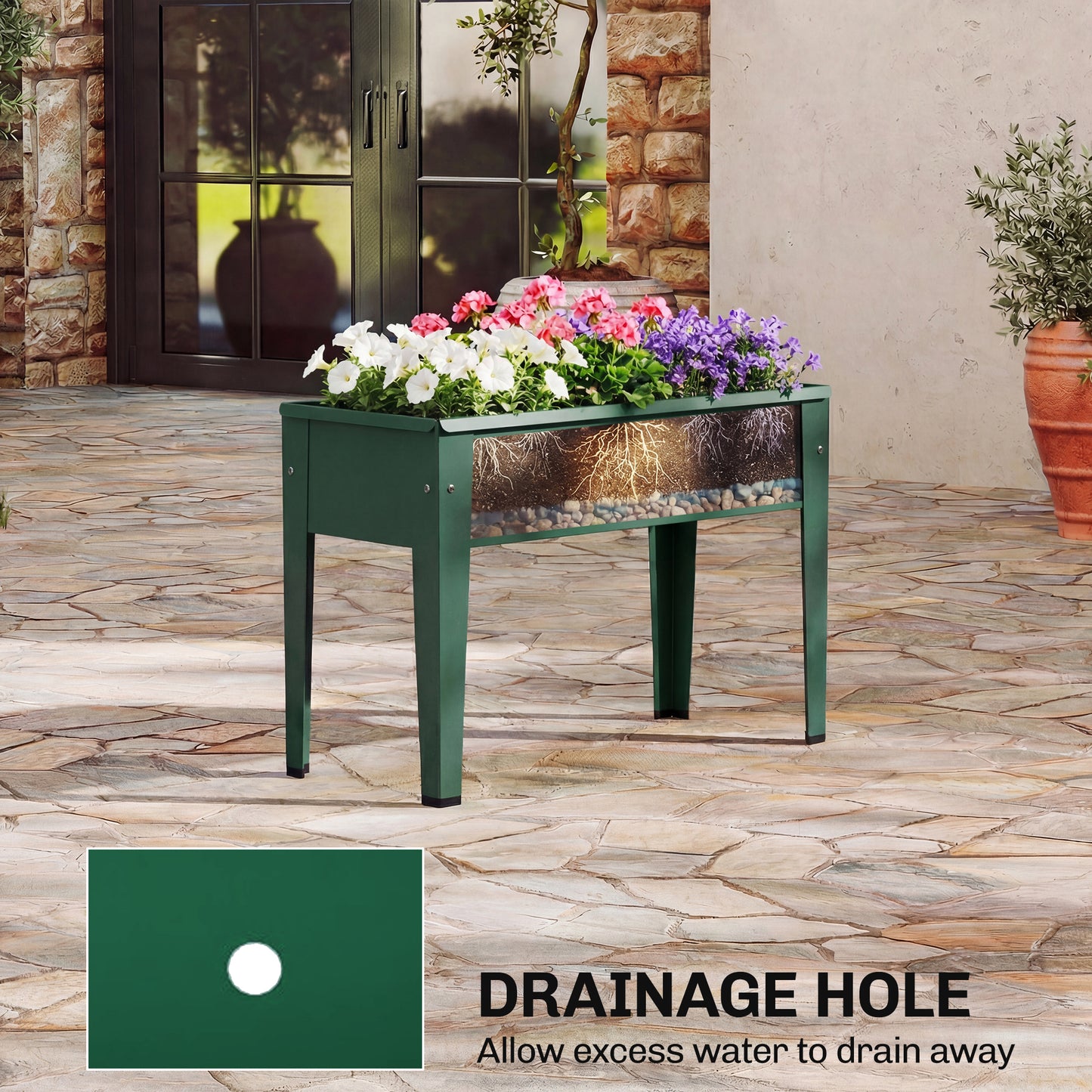 Outsunny Raised Planter Garden Bed On Legs With Drainage Hole Powder Coated Metal 20 Kg Capacity Green