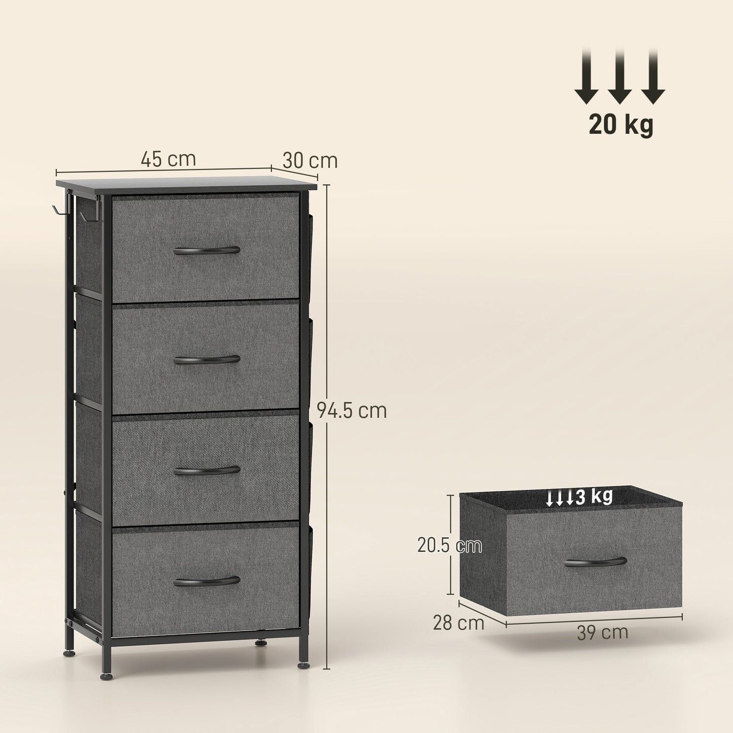 HOMCOM Four-Drawer Fabric Chest Of Drawers In Charcoal Grey With Steel X-Frame And Side Pockets
