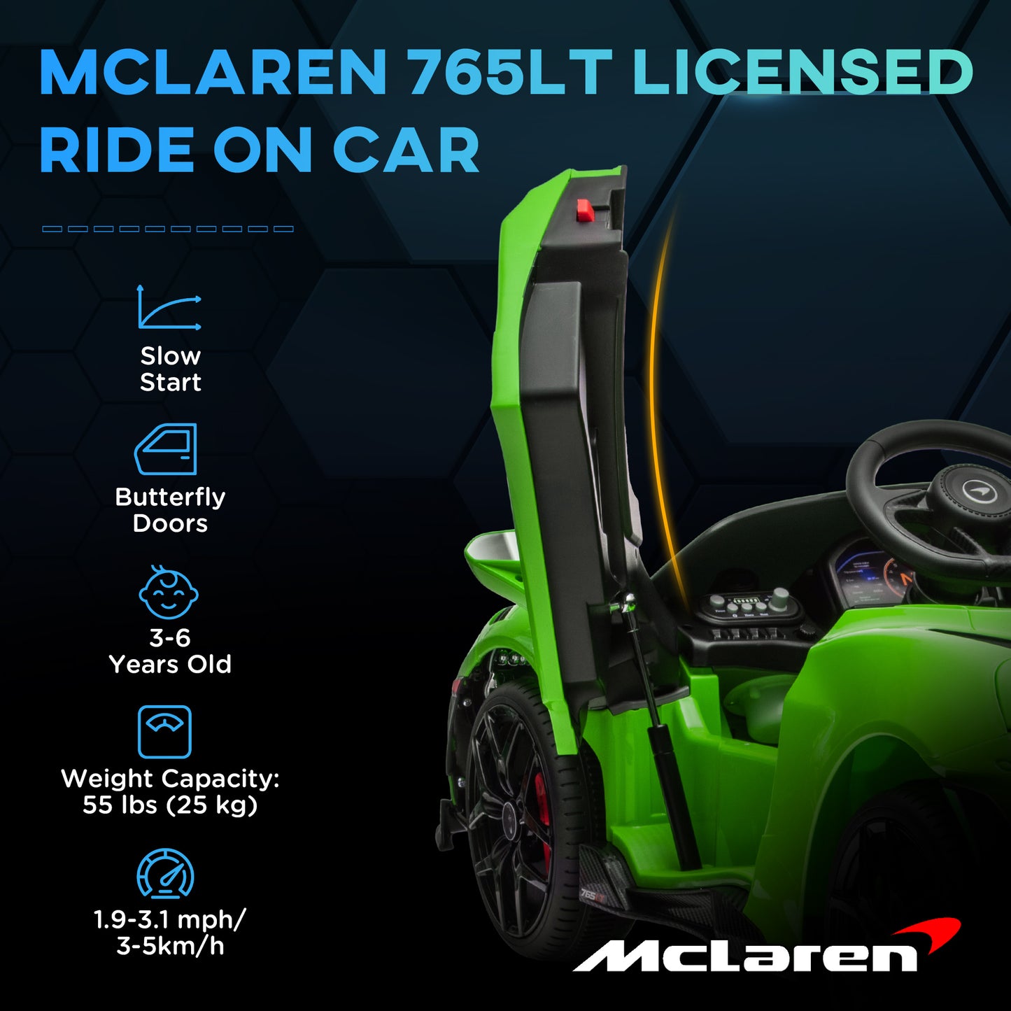 AIYAPLAY McLaren 765LT 12V Licensed Kids Electric Car with Remote Control and Butterfly Doors - Green