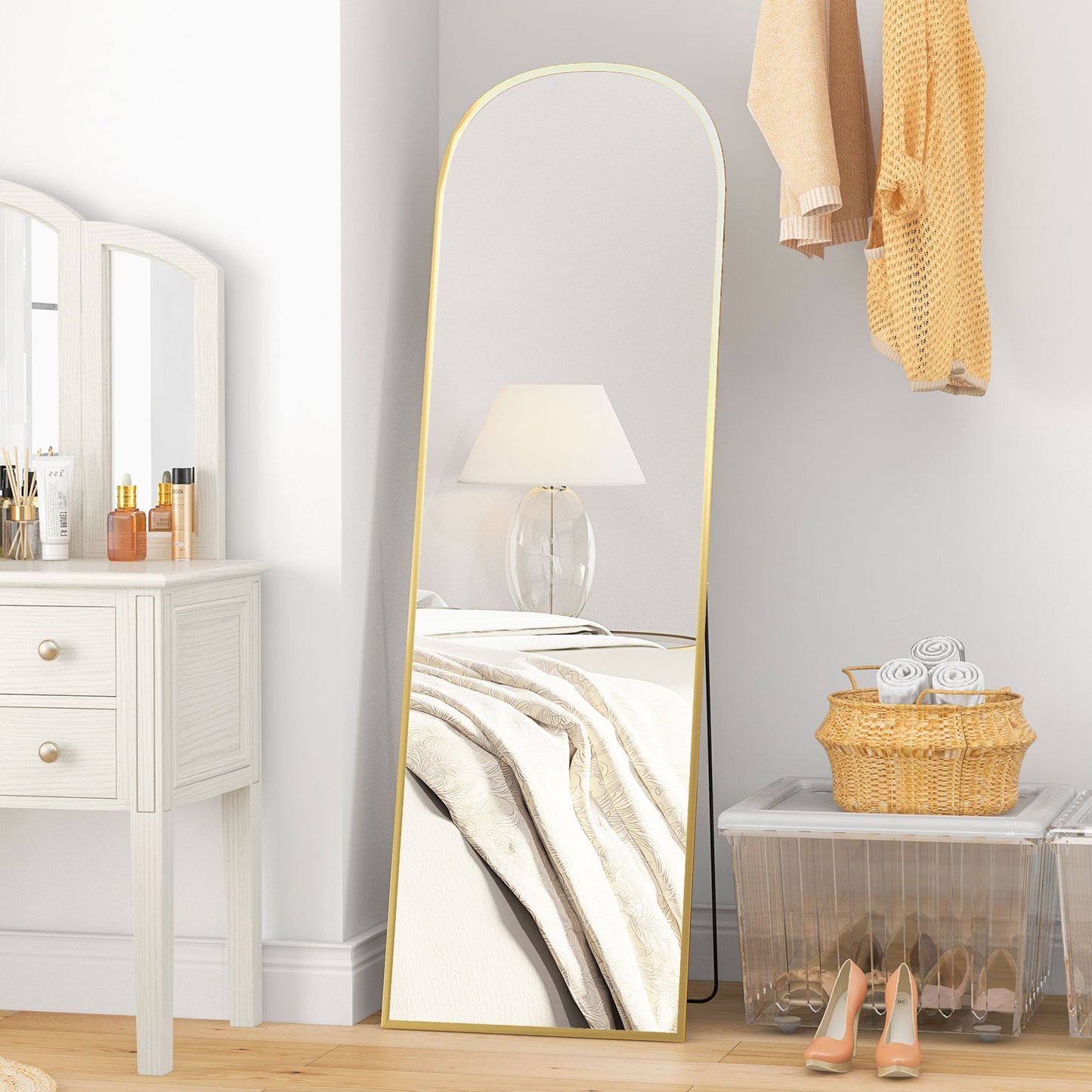 HOMCOM 162cm Aluminium Frame Standing Mirror Gold Two Way Design For Wall Mount Or Freestanding Back Leg