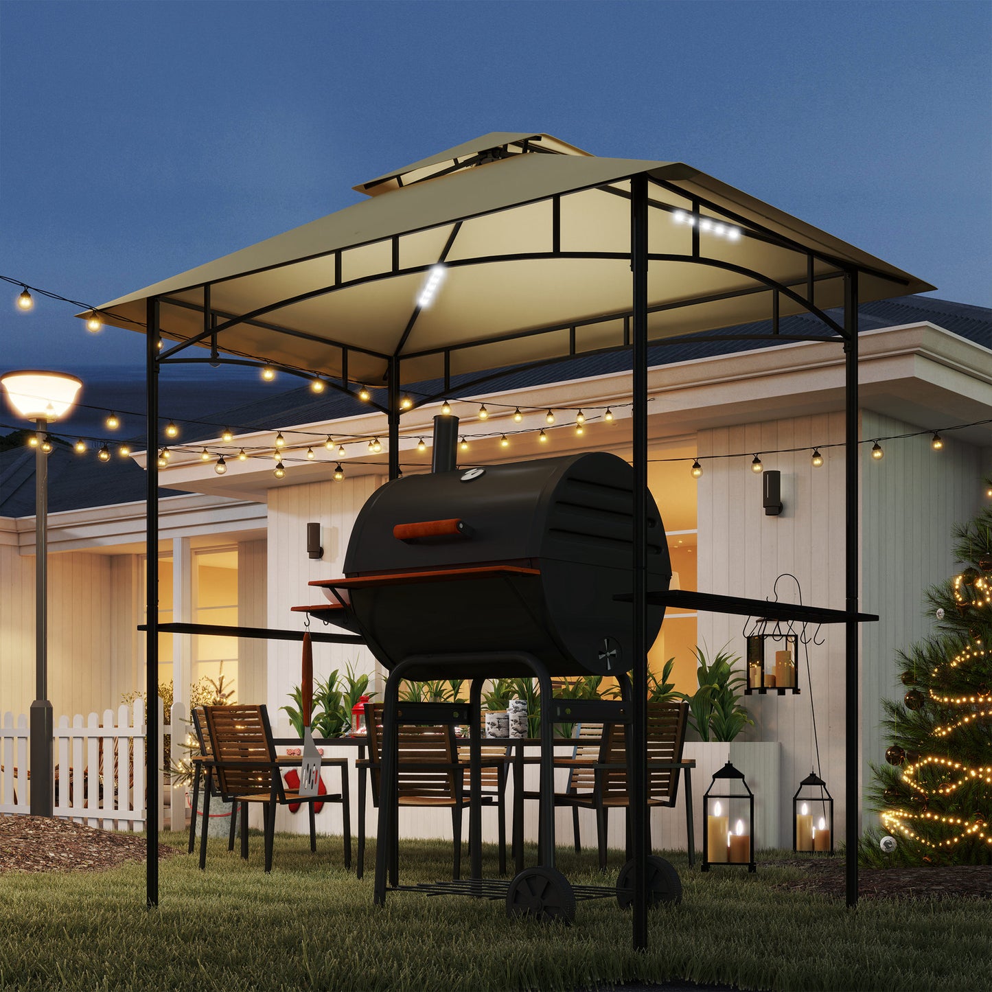 Outsunny 8x5 Grill Gazebo With Double Tiered Canopy And LED Lights 2 Side Shelves Hooks Beige