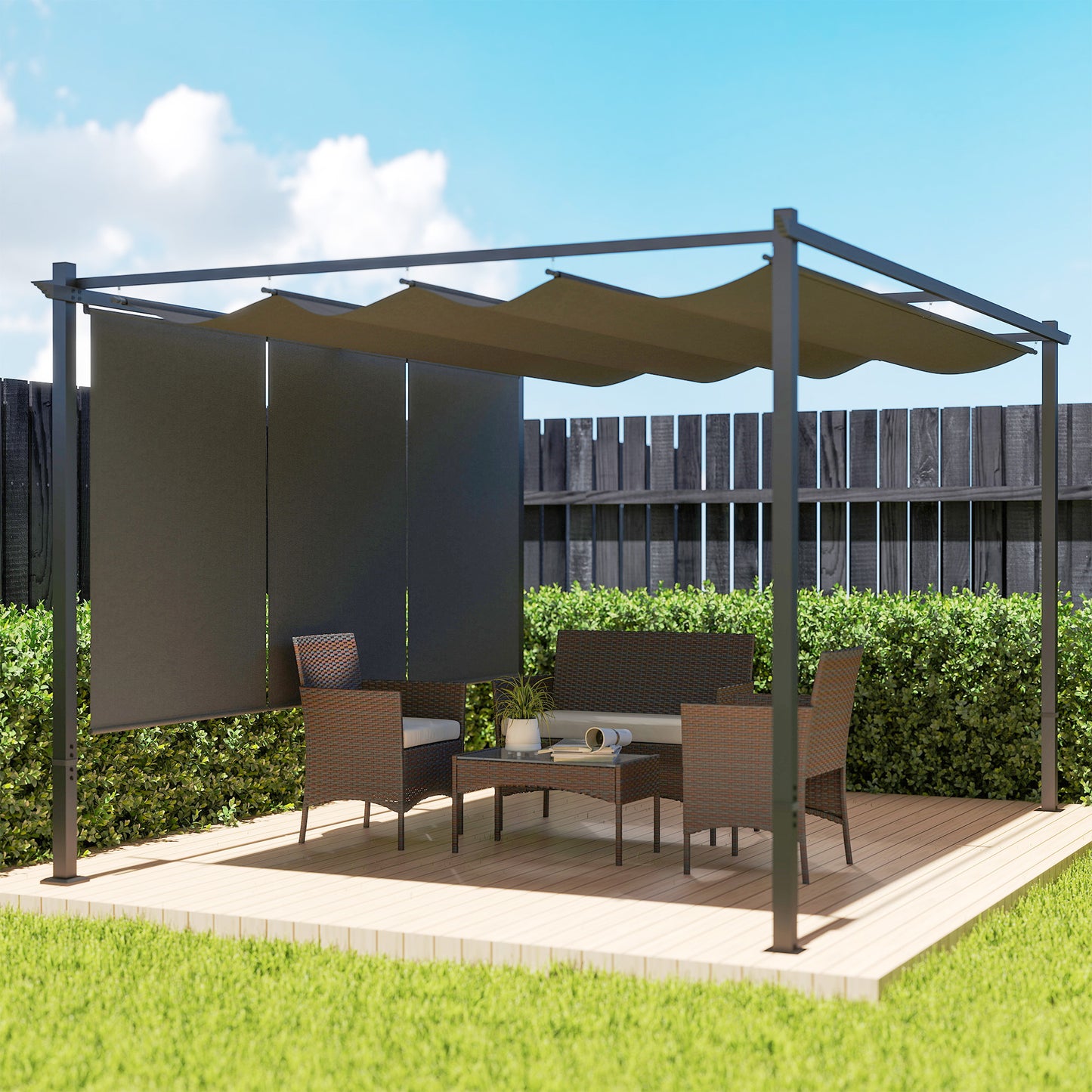 Outsunny 3 By 4m Metal Pergola With Retractable Roof And Roller Shade UPF30 Plus Outdoor Sun Shelter Grey