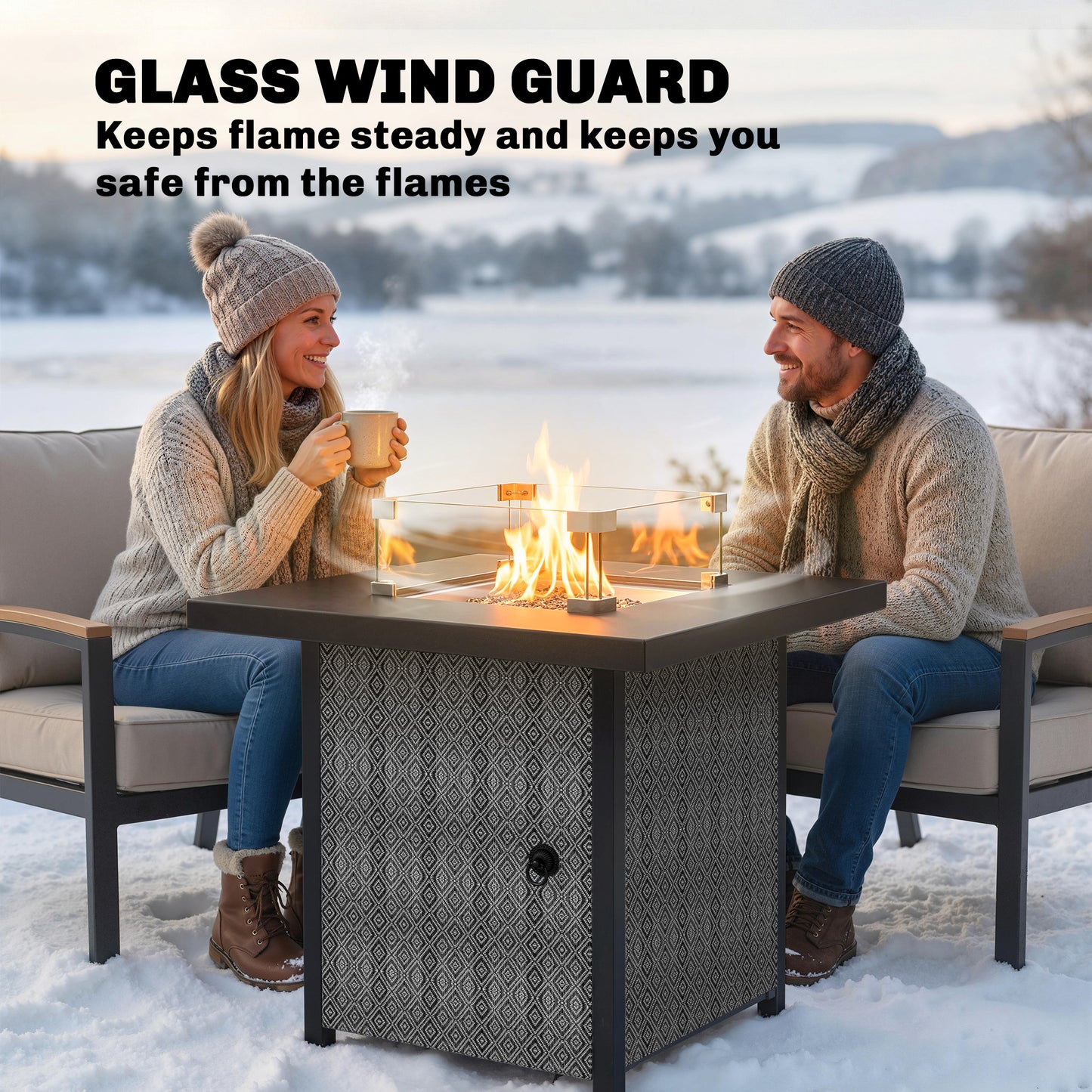 Outsunny Propane Gas Fire Pit Table Outdoor Garden 11.7 KW Smokeless Heater With Wind Guard Glass Rocks Lid Black