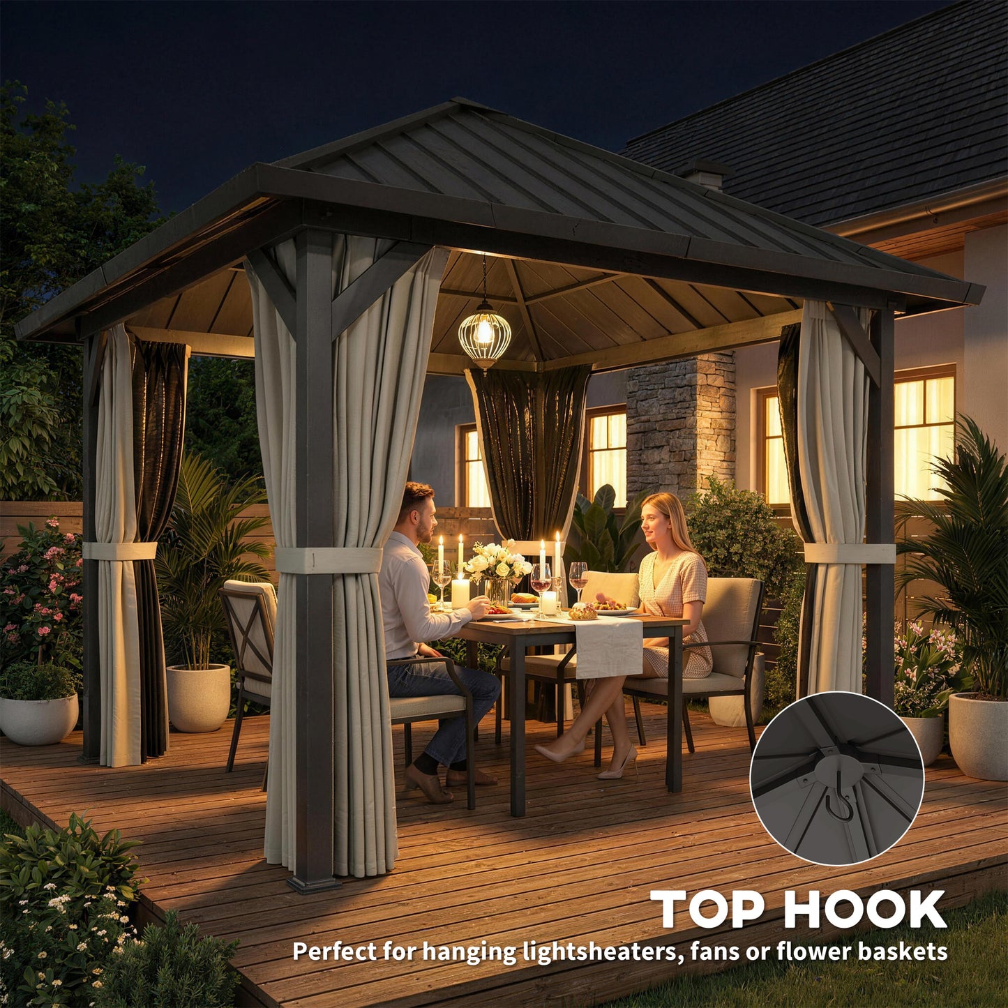 Outsunny 3x3m Hardtop Gazebo With Galvanised Roof And Water Gutter Waterproof Pavilion With Netting Curtains For Patio