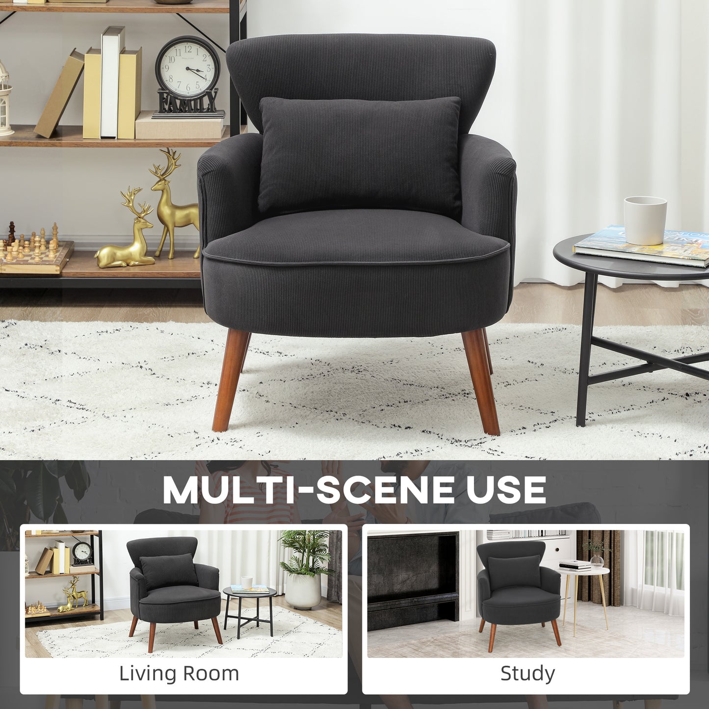 HOMCOM Corduroy Retro Wing Back Accent Chair For Small Spaces With Black Upholstery