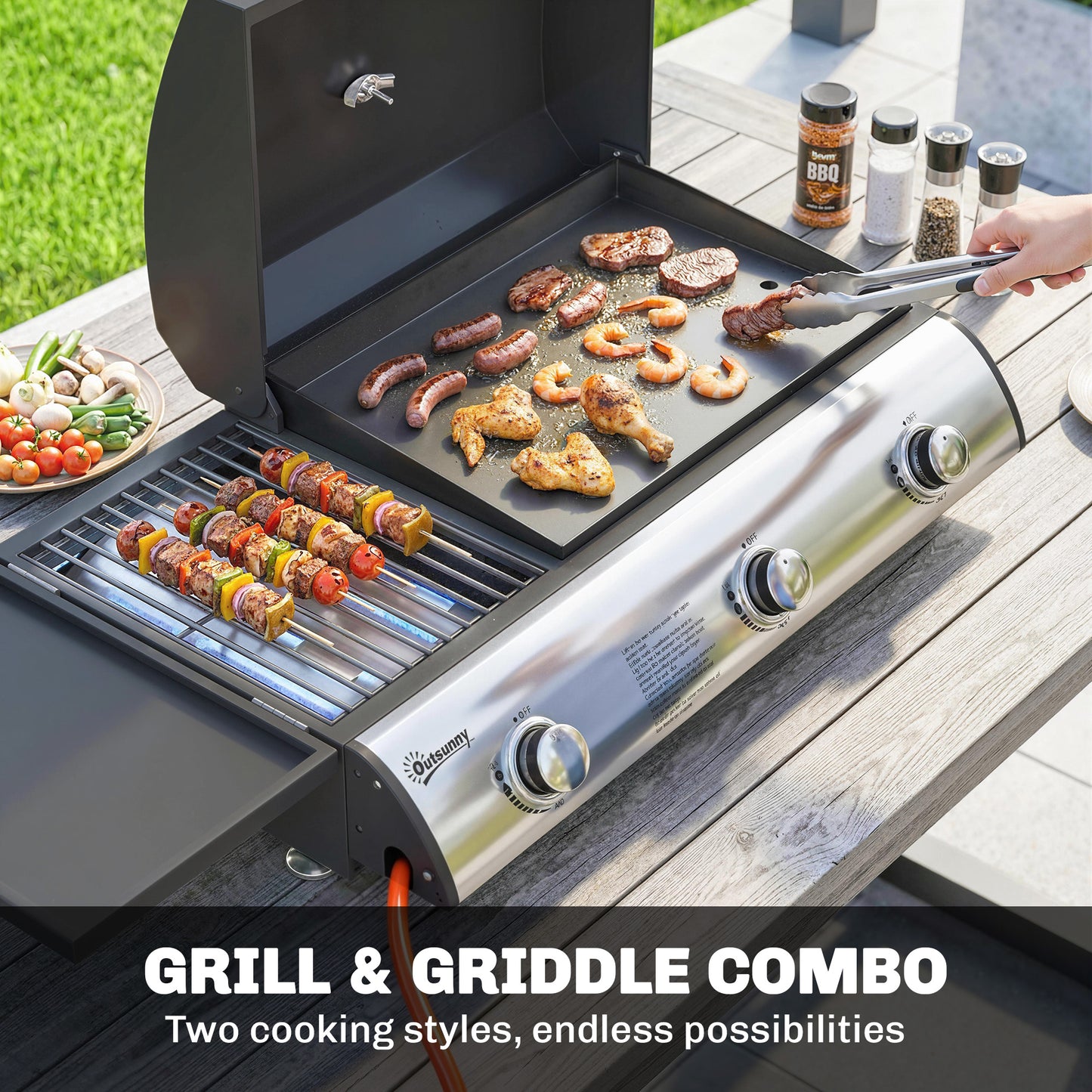 Outsunny 3 Burner Portable Gas Plancha Grill With Griddle And Thermometer Seven Point Five Kilowatts Tabletop Black