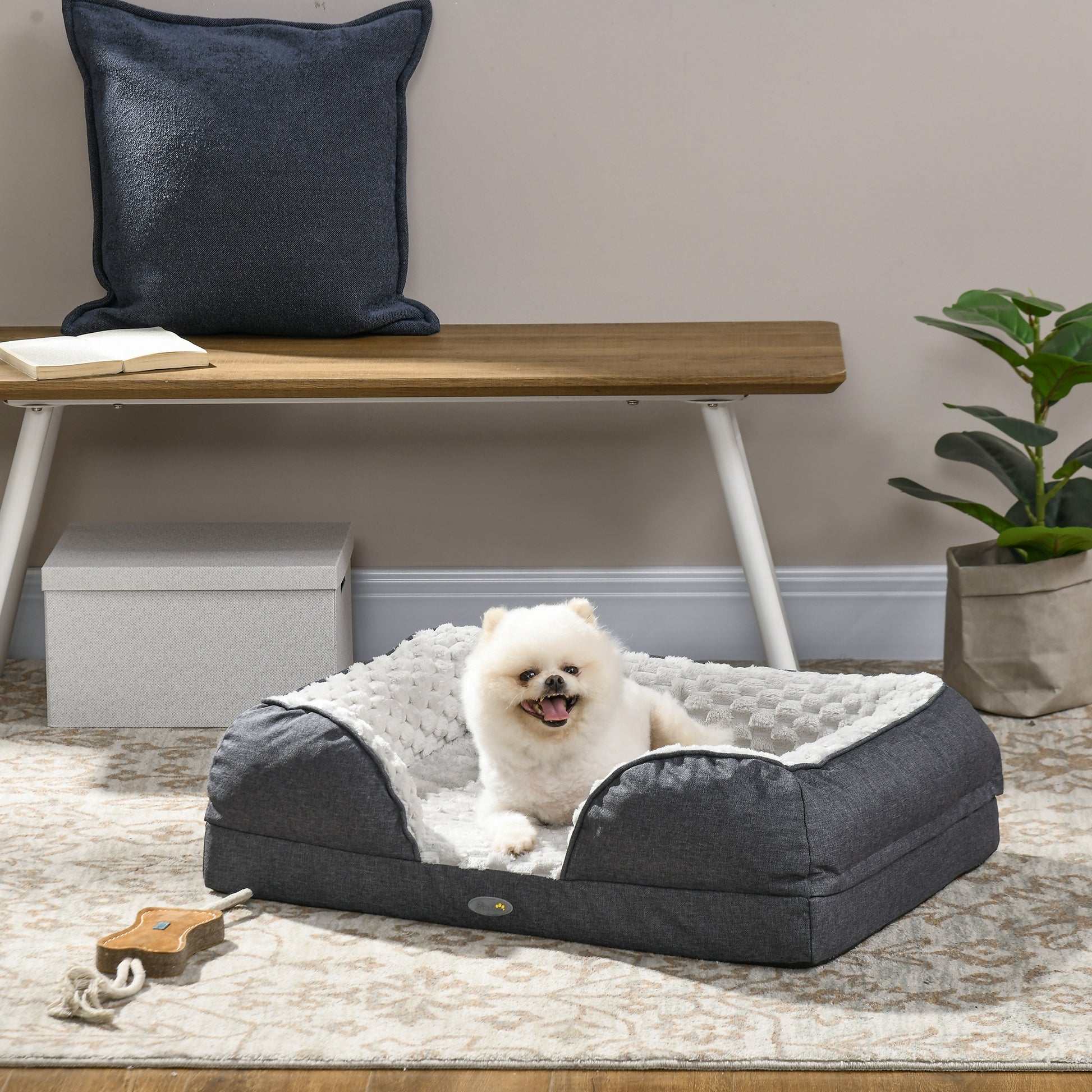 PawHut Cozy Charcoal Grey Dog Bed with Removable Cover, Anti-Slip Base for Small Pets - 70L x 50W x 18Hcm - ALL4U RETAILER LTD