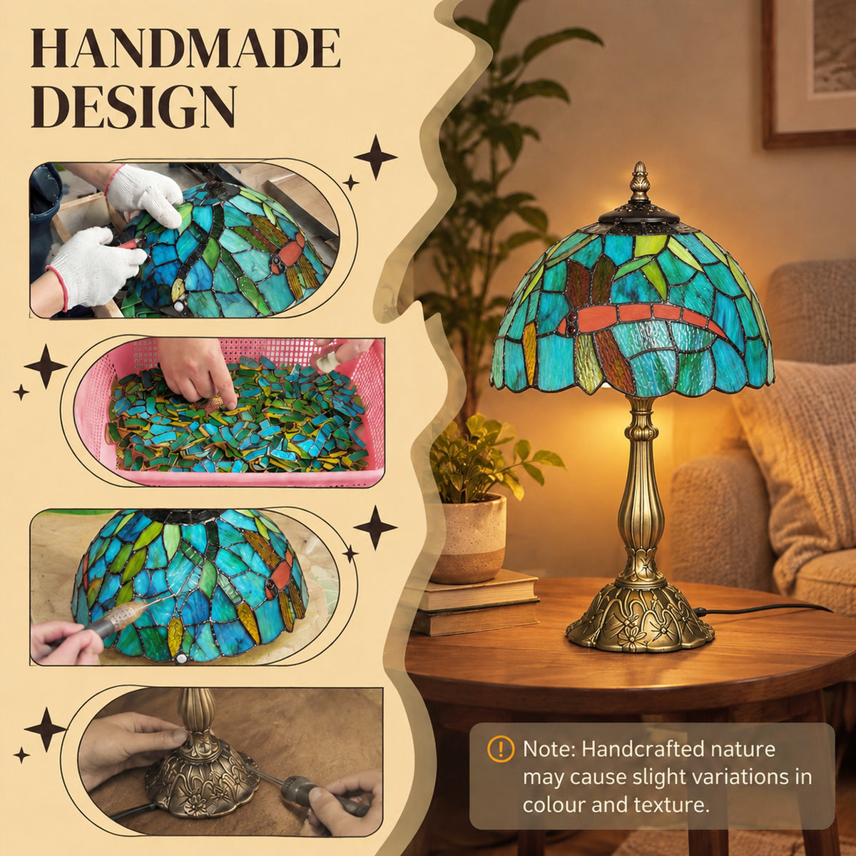 Stained glass table lamp with green-blue Tiffany-style shade and brass base.