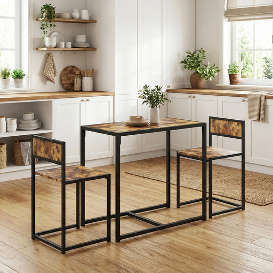 HOMCOM 3 Piece Table And Stool Set Rustic Brown For Kitchen Dining With Steel Frame And Chestnut MDF Panels