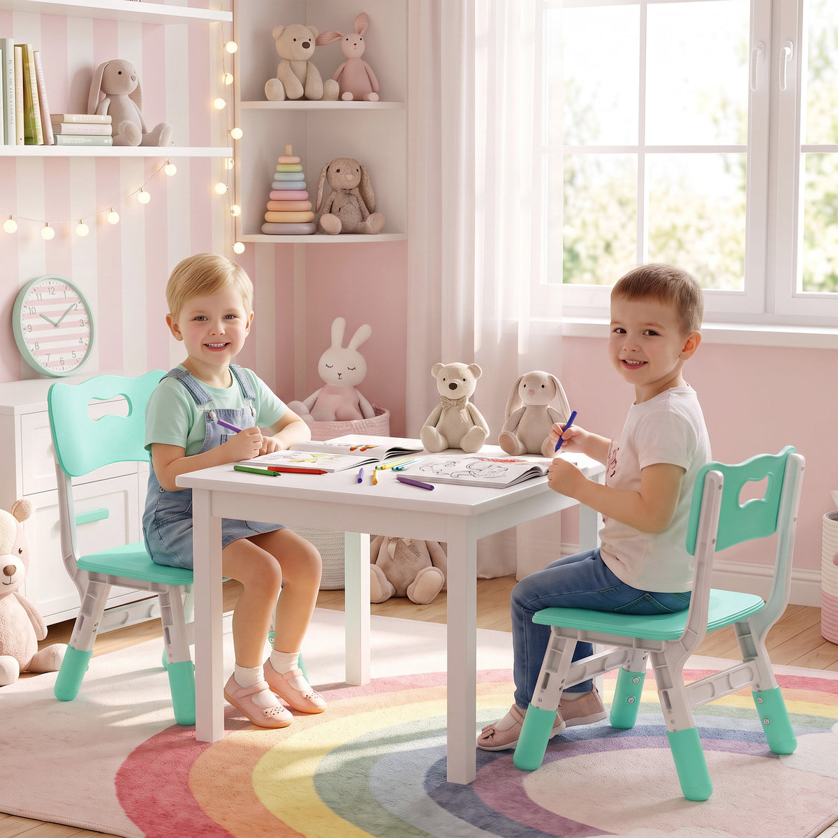 Set of 2 adjustable kids chairs with backrests, mint green seats and white frames