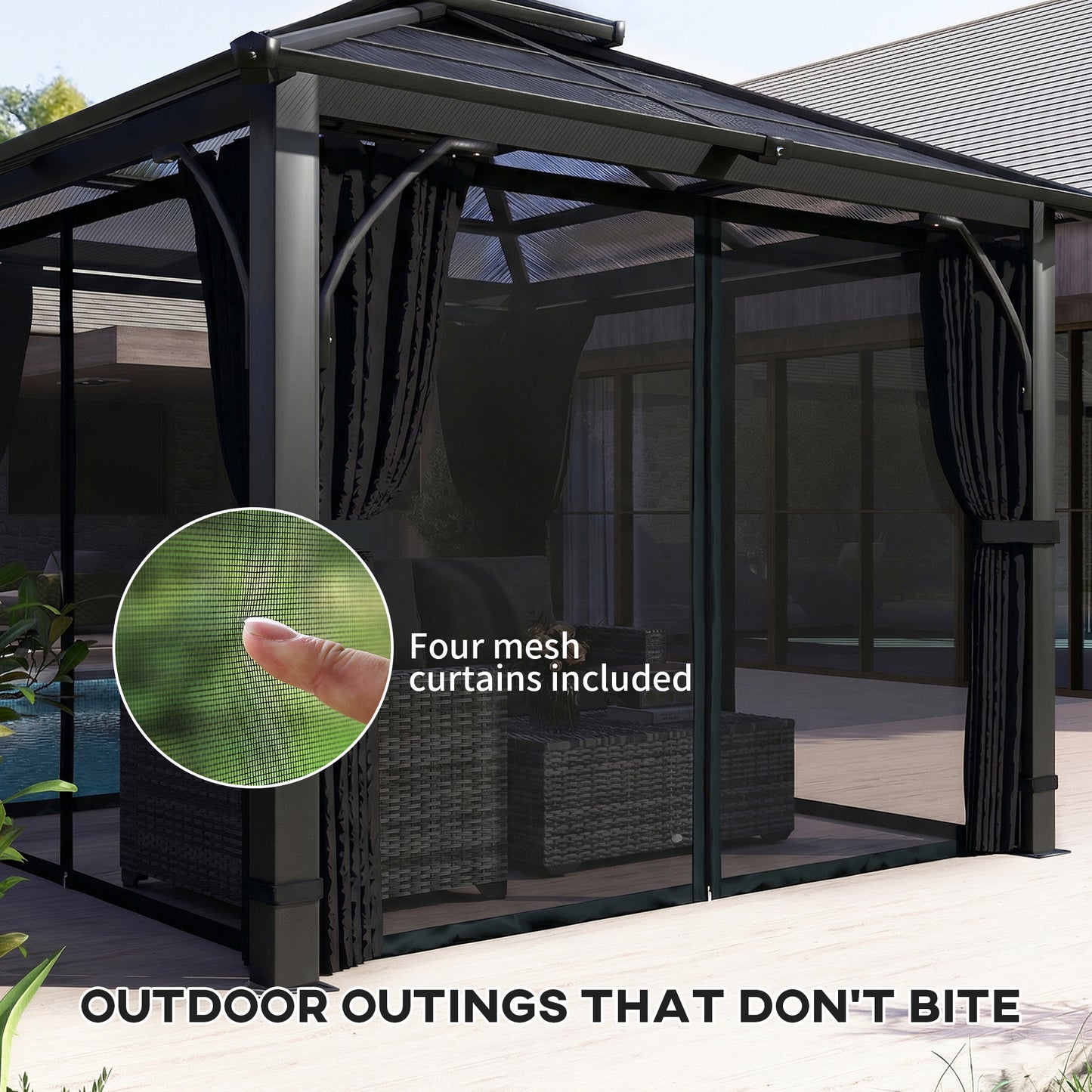 Outsunny 2.5 x 2.5 m Hardtop Gazebo With 7mm Polycarbonate Roof Netting Curtains Dark Grey