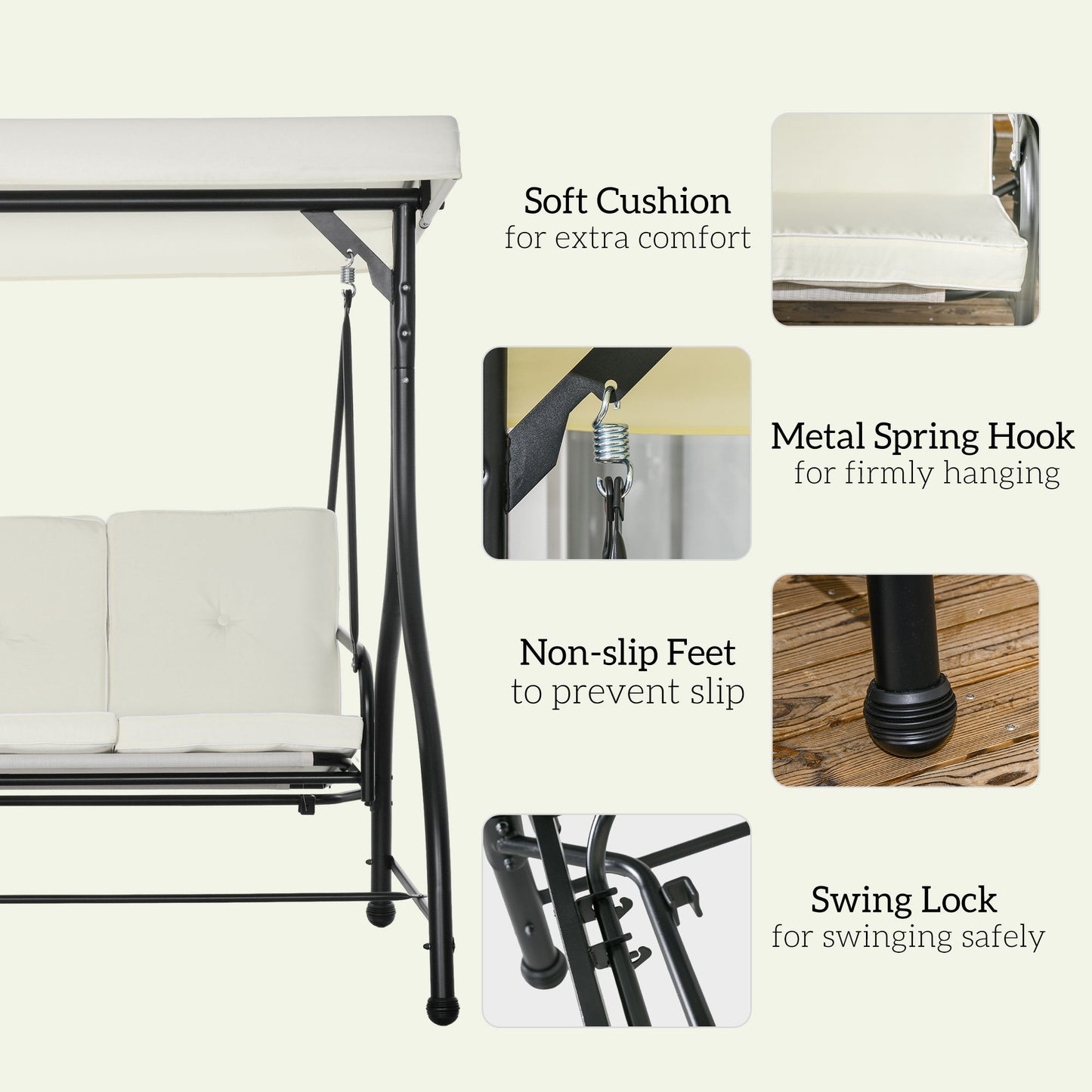 Outsunny 3 Seater Canopy Swing Chair 2 In 1 Garden Swing Seat Bed With Adjustable Canopy And Metal Frame Cream White