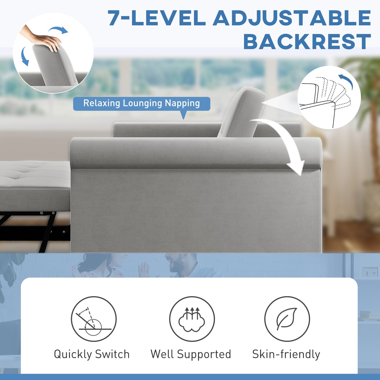 HOMCOM Two-Seater Velvet-Feel Sofa Bed Grey With Adjustable Back and High-Density Foam