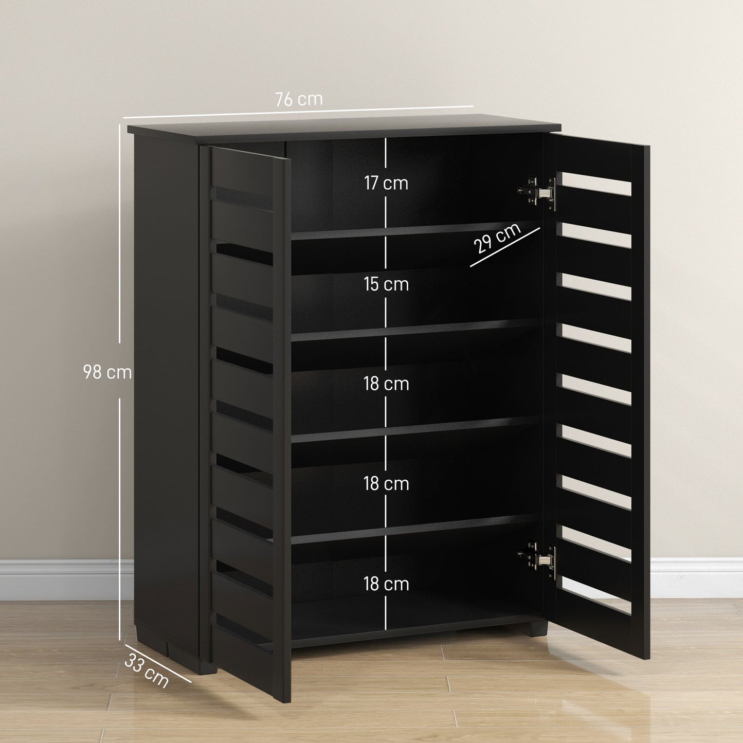 Homcom Narrow Shoe Cabinet For Entryway, Slim 5-Tier Storage With 2 Slatted Doors And Adjustable Shelves