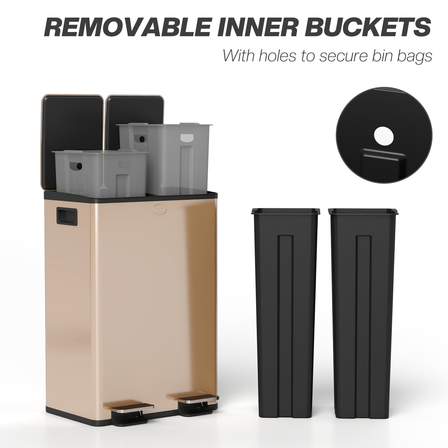 HOMCOM 56L Dual Compartment Stainless Steel Bin With Deodoriser Holders Gold Tone