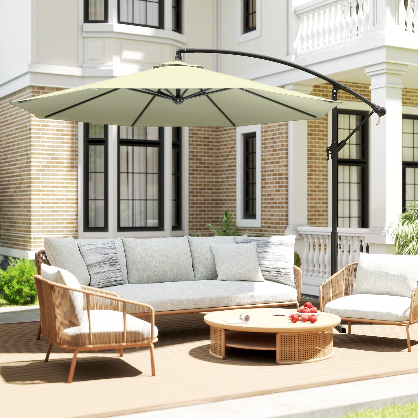Outsunny 3m Overhanging Cantilever Parasol With Cross Base Beige Outdoor Patio Shade Eight Rib Canopy UV Protected