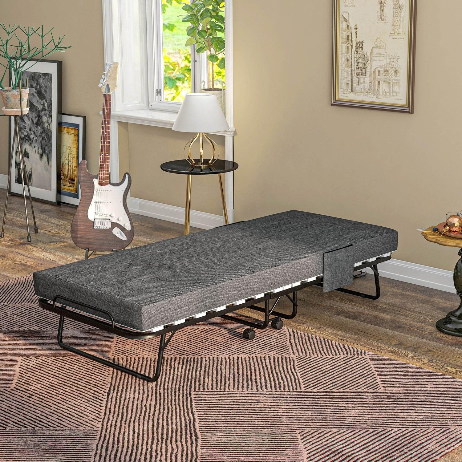 HOMCOM Portable Folding Bed with Mattress and Wheels - Dark Grey/Black - ALL4U RETAILER LTD