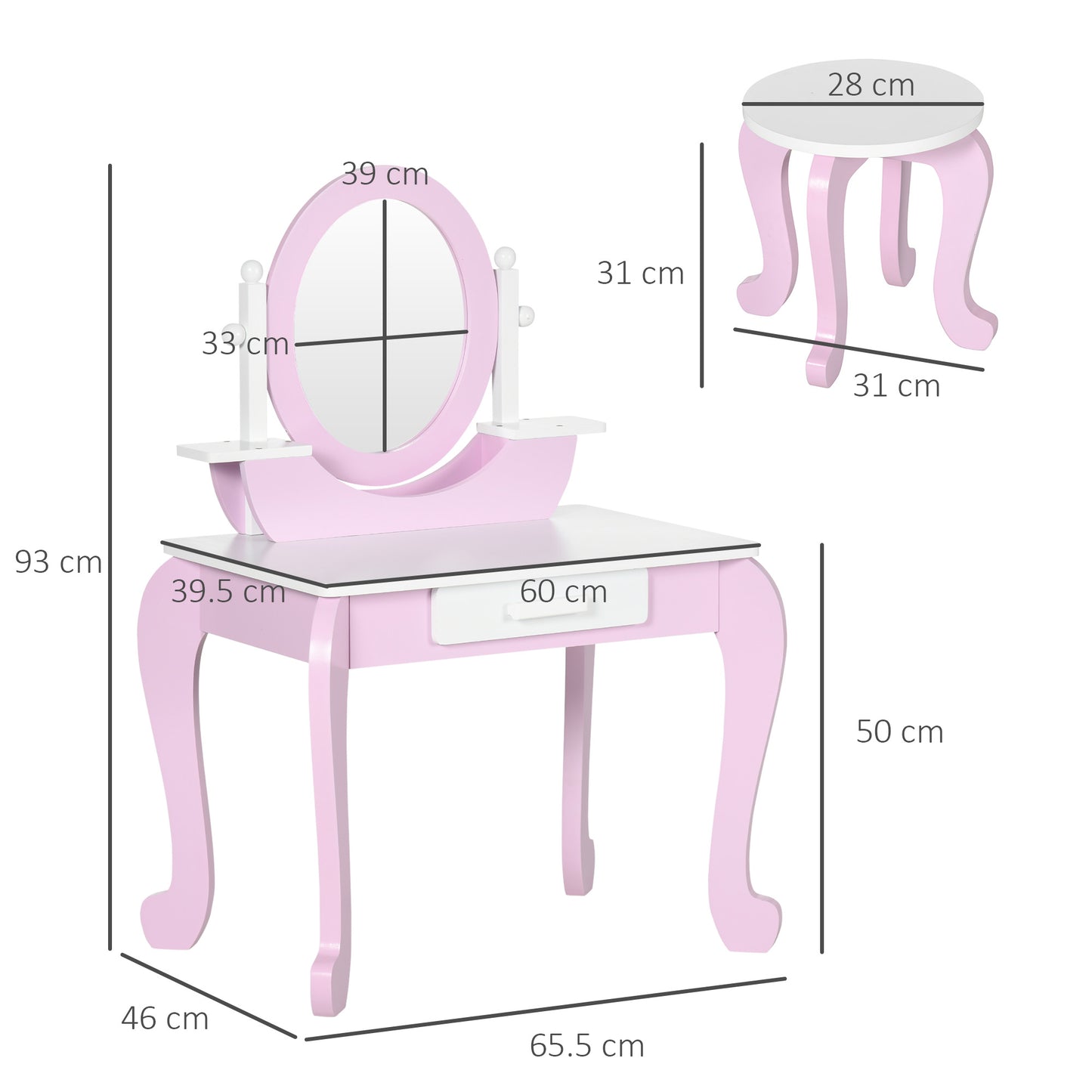 ZONEKIZ Kids Dressing Table Set Vanity Girl Makeup Desk Mirror Stool Drawer Round Legs 3-6 Years Pink - ALL4U RETAILER LTD