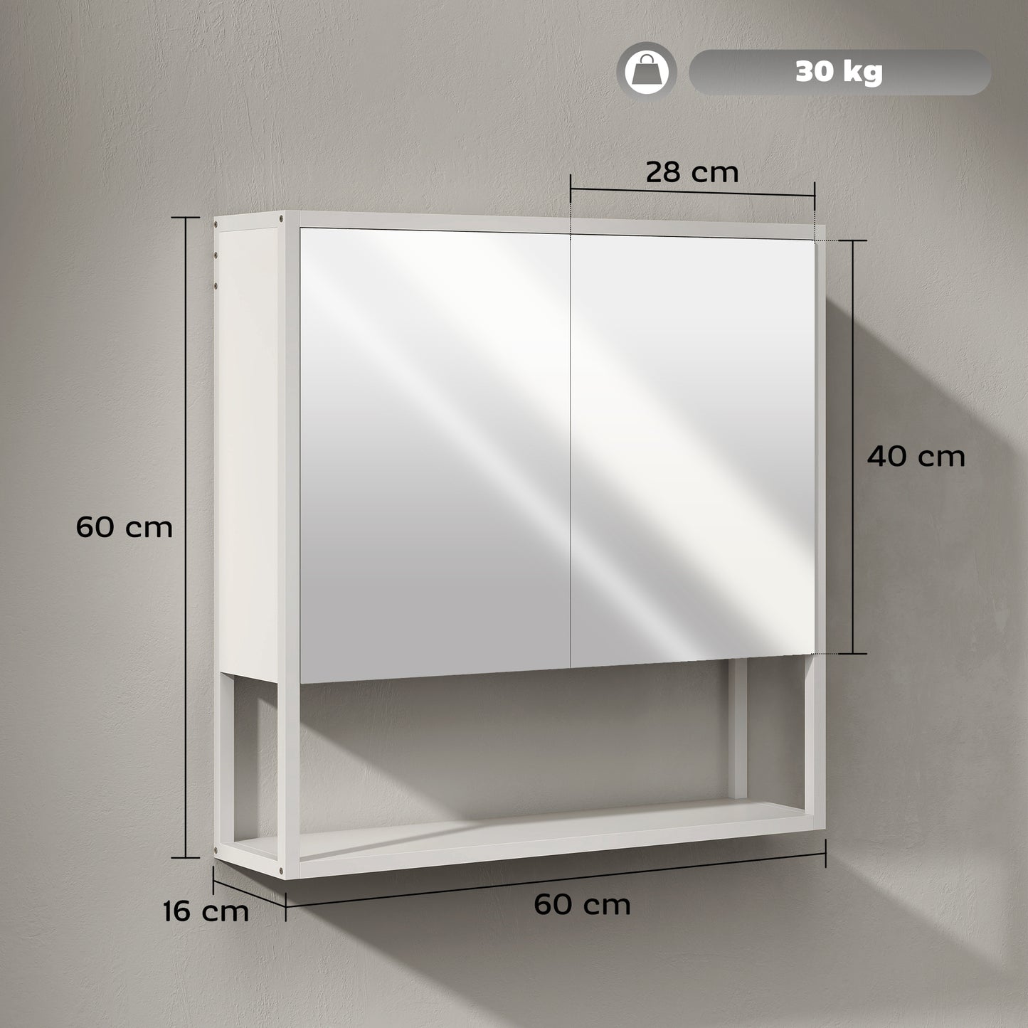 HOMCOM White Bathroom Mirror Cabinet With Soft Close Doors And Adjustable Shelf Storage