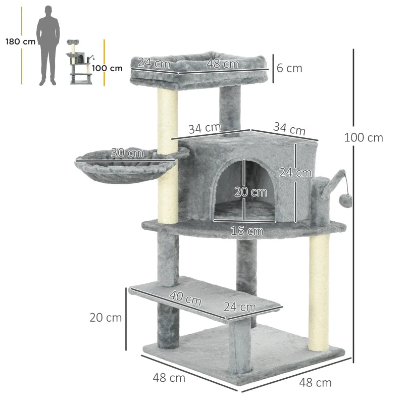 PawHut 100cm Grey Cat Tree Tower with Sisal Scratching Post - Sturdy & Stylish Furniture for Your Feline Friend