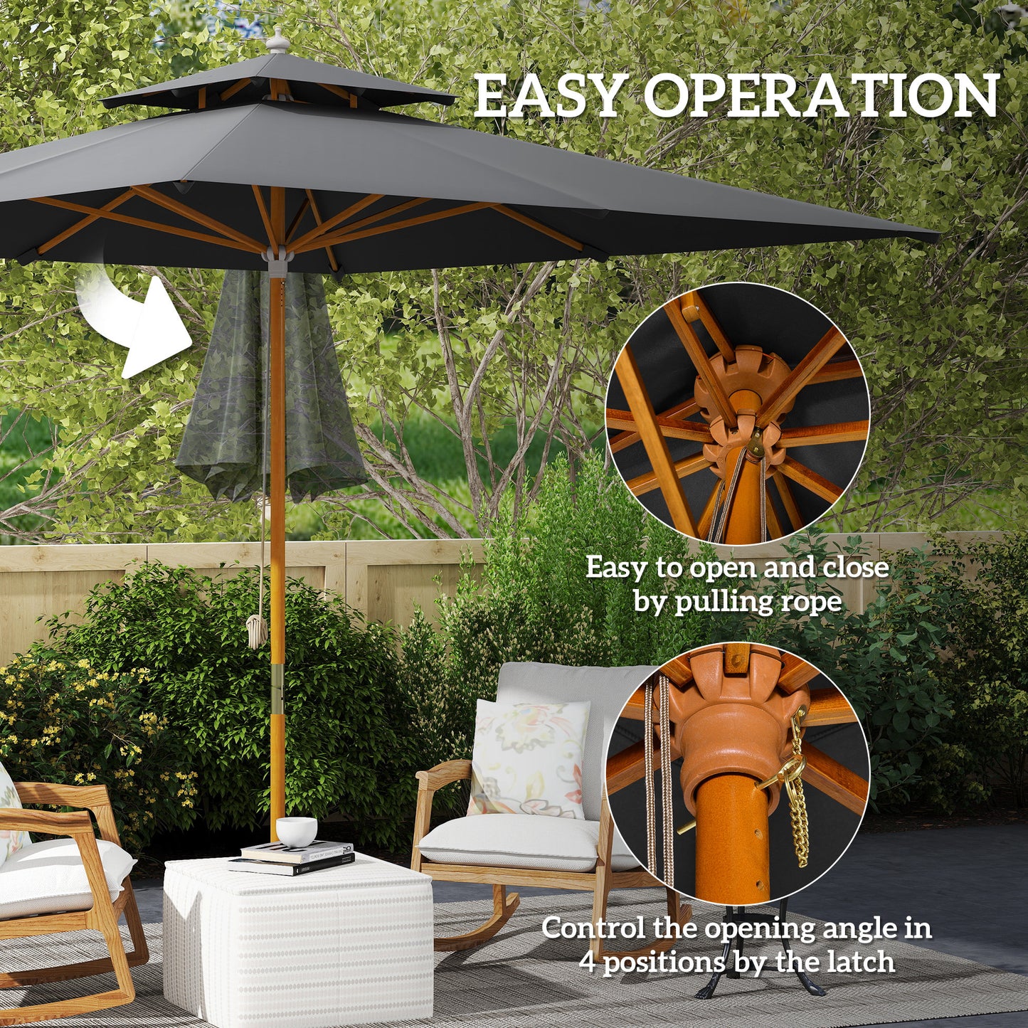 Outsunny 3 m Square Canopy Parasol With Bamboo And Poplar Wood Frame For Outdoor Shade Black
