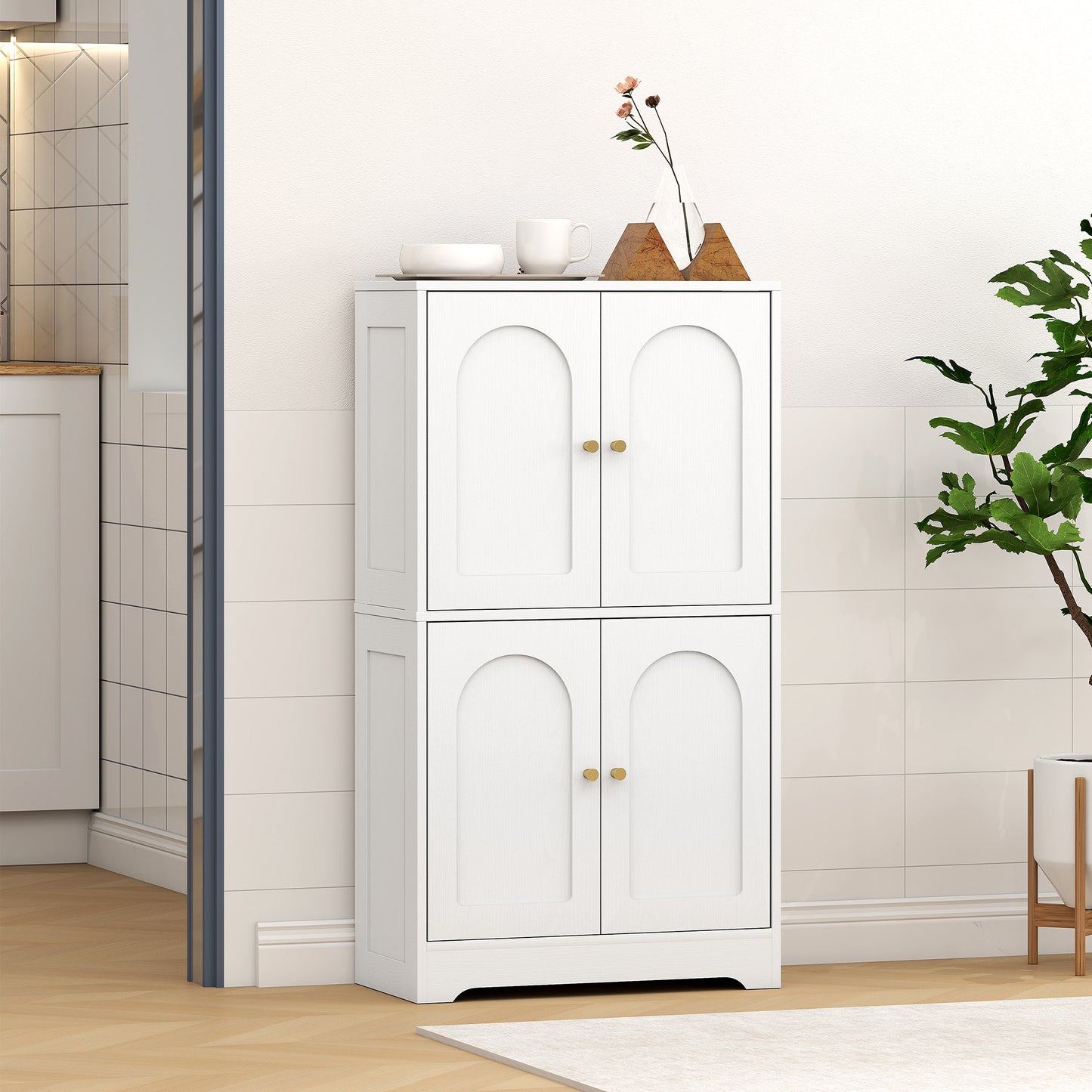 HOMCOM White 4 Door Kitchen Storage Cabinet With Adjustable Shelves Arched Door Panels And Gold Tone Handles