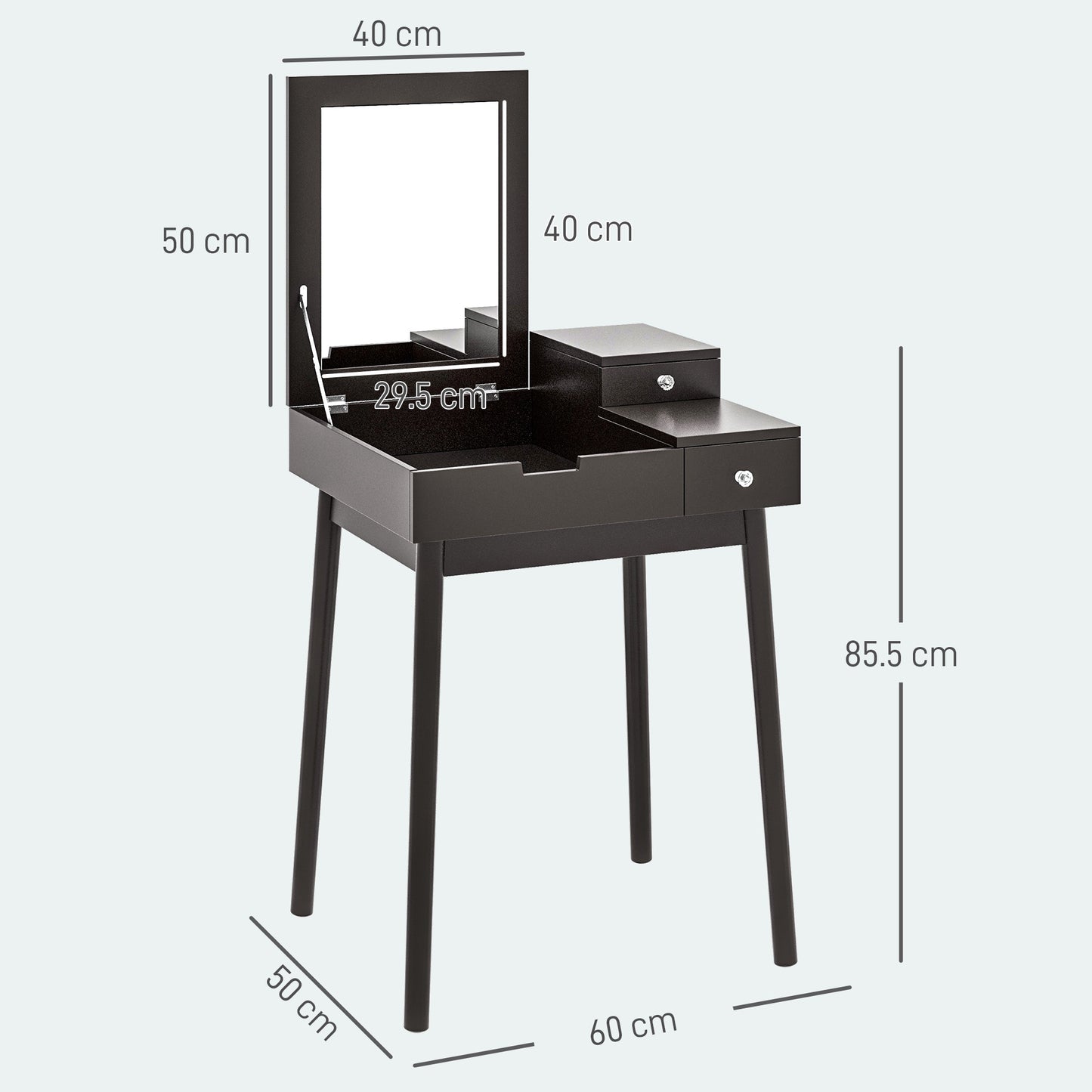 HOMCOM Dressing Table With Flip Up Mirror Two Drawers Pine Wood Legs Vanity Desk For Bedroom And Living Room Black