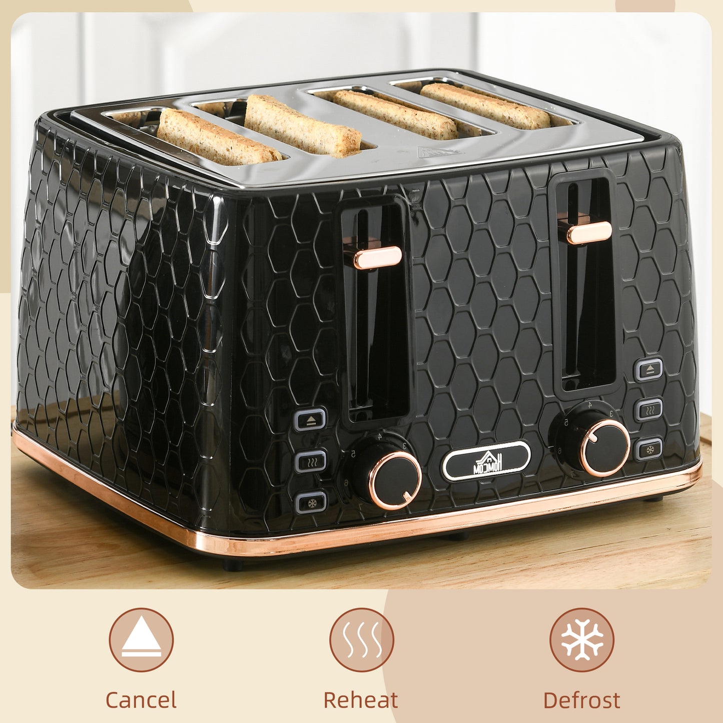 4 Slice Toaster With 7 Browning Levels High Lift Reheat Defrost Cancel Self Centring Crumb Tray 1600W Black Honeycomb